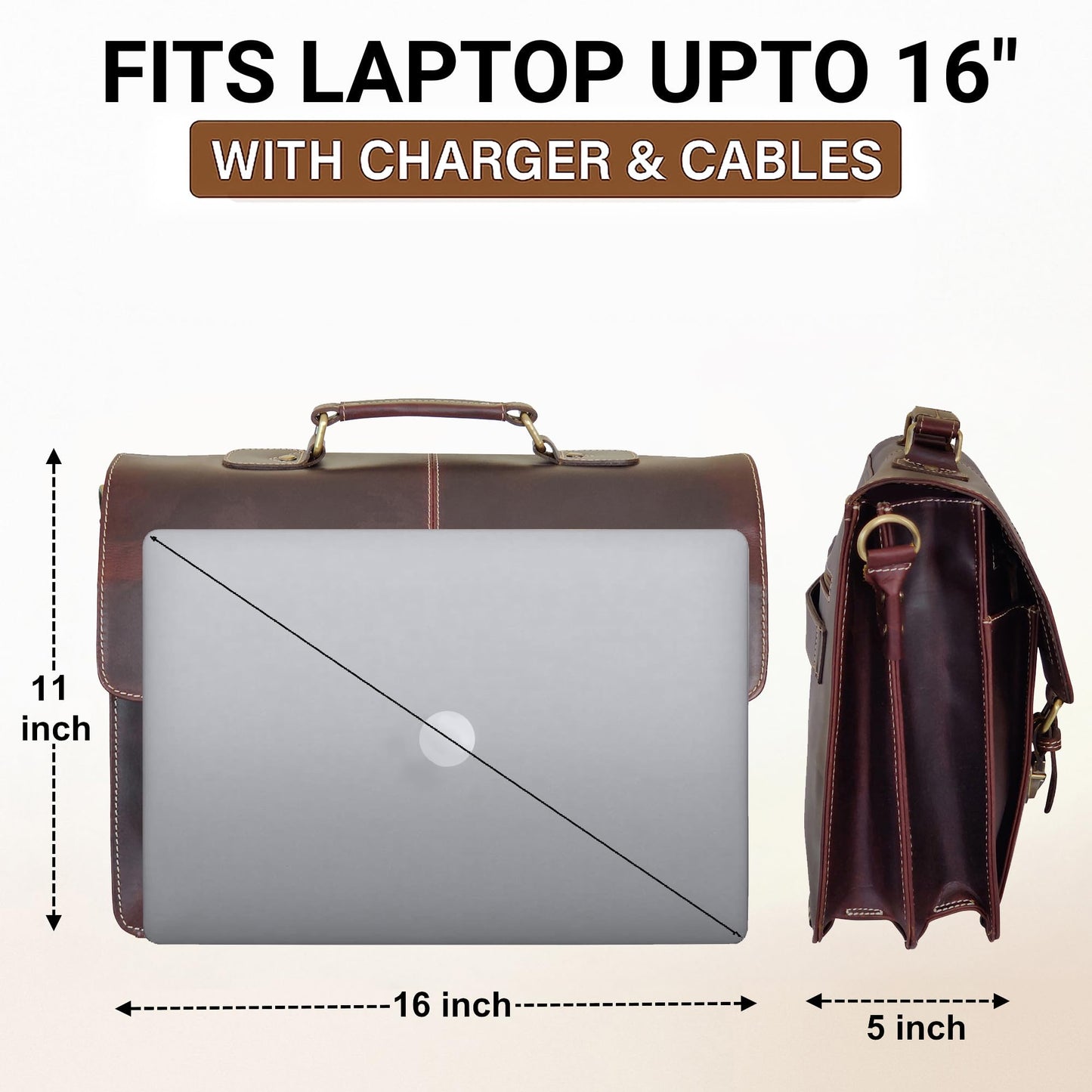 RUSTIC TOWN Handmade 16 inch Brown Leather Shoulder Briefcase Messenger Bag Men's 15.6-inch Laptop Satchel