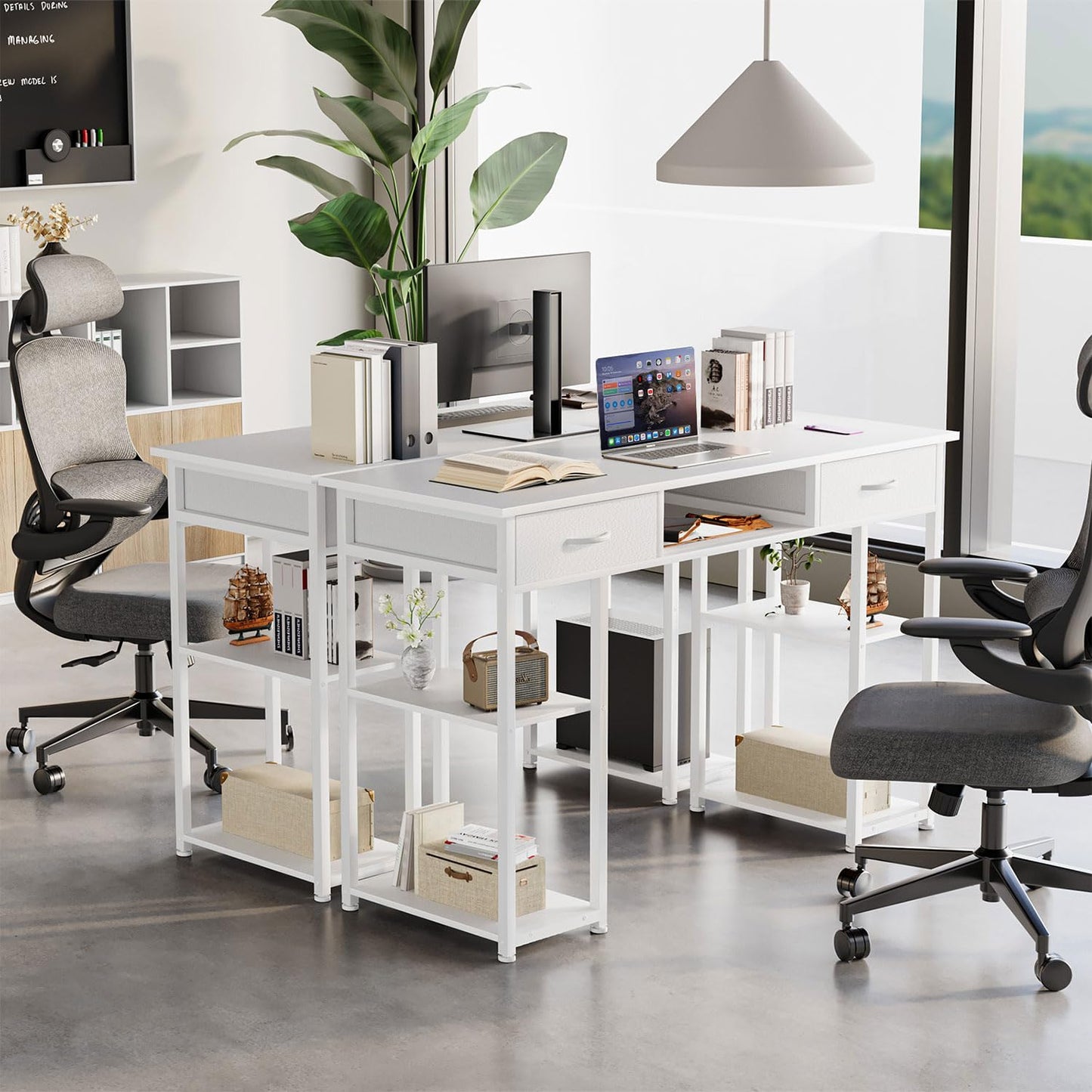 UOCFYK 47 Inch Computer Desk with 2 Drawers, Home Office Desk with Wooden Shelves, Study Writing PC Table for Small Spaces, Bedroom, Dorm or Living Room, White