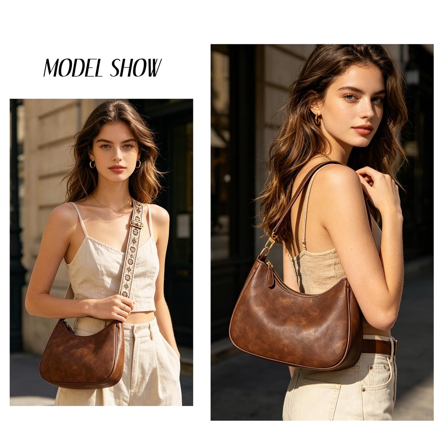 KKXIU Small Cute Purses for Women - Vintage Shoulder Bag, Boho Crossbody Bag with Detachable Ajustable Wide Strap, Trendy Hobo Handbags, PU Leather Clutch Purse (Brown)