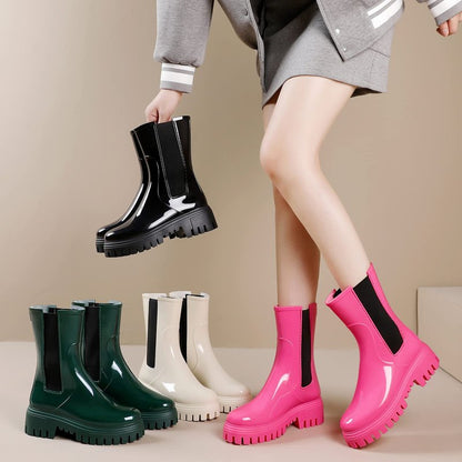 Hsttgsr Rain Boots for Women, Waterproof PVC Rubber Garden Boots Womens Chelsea Boots Short Platfrom Rain Boots, Anti-Slip Elastic Slip On Rainboots Garden Rain Shoes for Yard Farm Outdoor Work