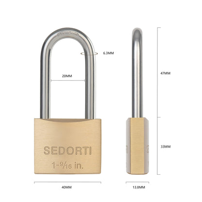 SEDORTI Weatherproof Padlock with Stainless Steel 304 Long Shackle and Solid Brass Body, 1-9/16 in. Wide, 2 Padlocks Keyed Alike, Marine Grade Rustproof Lock for Outdoors Use YNBSP240
