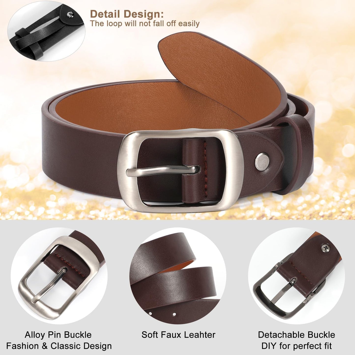 VONMELLI 2 Packs Women Leather Belts for Jeans Fashion Leather Ladies Waist Belt Black Coffee Medium