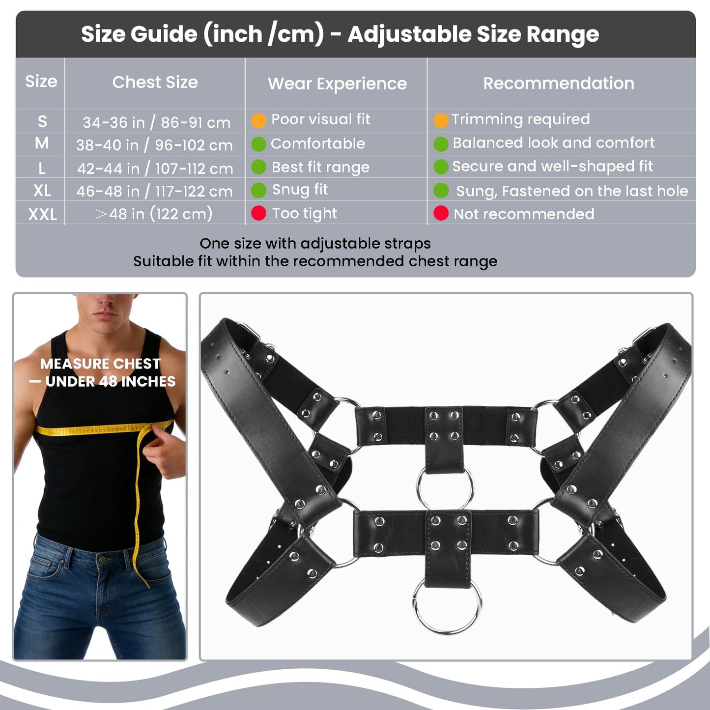 Brycarely Mens PU Leather Chest Harness Costume Cosplay Top with Chains, Adjustable Body Harness Shoulder Straps Male Punk Fashion Steatement Rave Outfit for Music Festival Party Halloween Cosplay