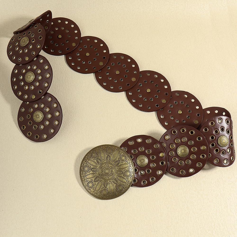 OVOY Womens Wide Western Cowboy Disc Belt Boho Disk Concho Country Waist Belts for Dress