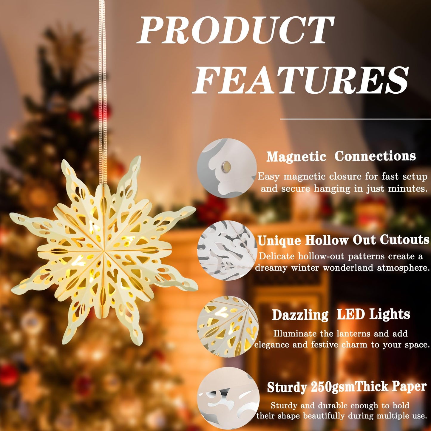 12 Pcs Christmas Paper Snowflake Lanterns, 3D Christmas Paper Star Lanterns with LED Lights, 10/12 Inch White Silver Hanging Snowflake Lamps for Xmas Winter Frozen Weddings New Year Party Decorations