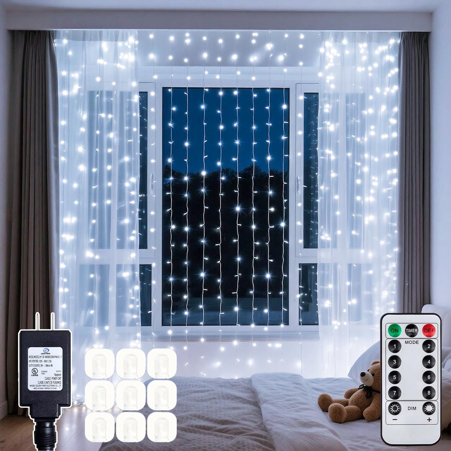 Soagrc 300 LED Cool White Curtain String Lights 9.8x9.8FT Plug in Fairy Lights with 9 Hooks Dimmable Timer & 8 Modes IP44 Waterproof Bedroom Office Wall Wedding Backdrop Christmas Indoor Outdoor Decor