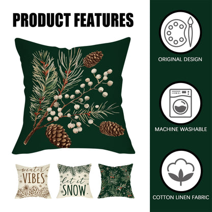 Fahrendom Winter Vibes Green Decorative Throw Pillow Covers 18 x 18 Set of 4, Let It Snow Pine Cones Needle Berry Porch Patio Outdoor Pillowcase, Christmas Seasonal Sofa Couch Cushion Case Home Decor