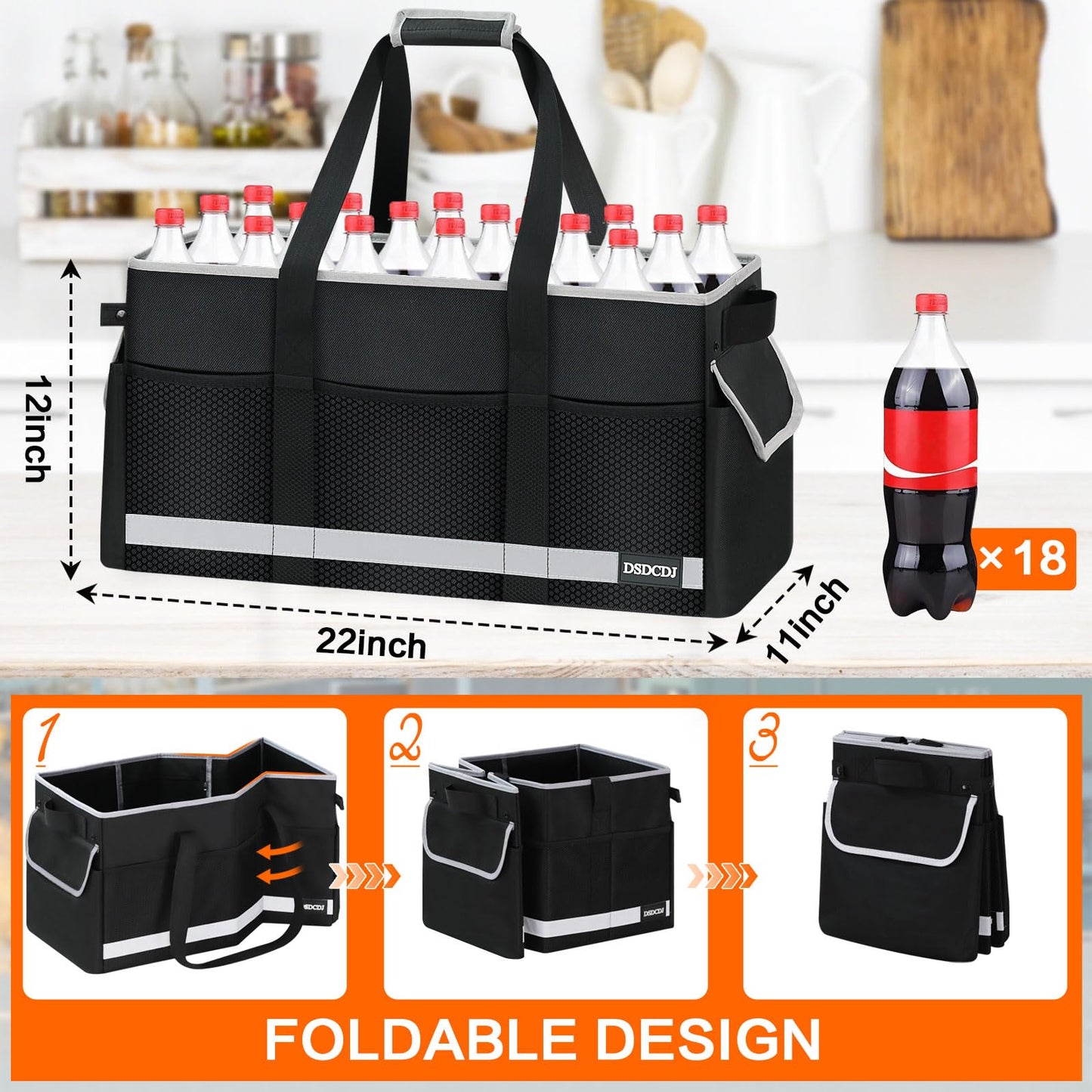 DSDCDJ Upgrade Extra Large Utility Tote Bag with Reflective Strip, Standing Reusable Grocery Bags with Hard Bottom & 4 Sided Reinforced, Collapsible Utility Tote with Handles for Shopping, Beach, Car