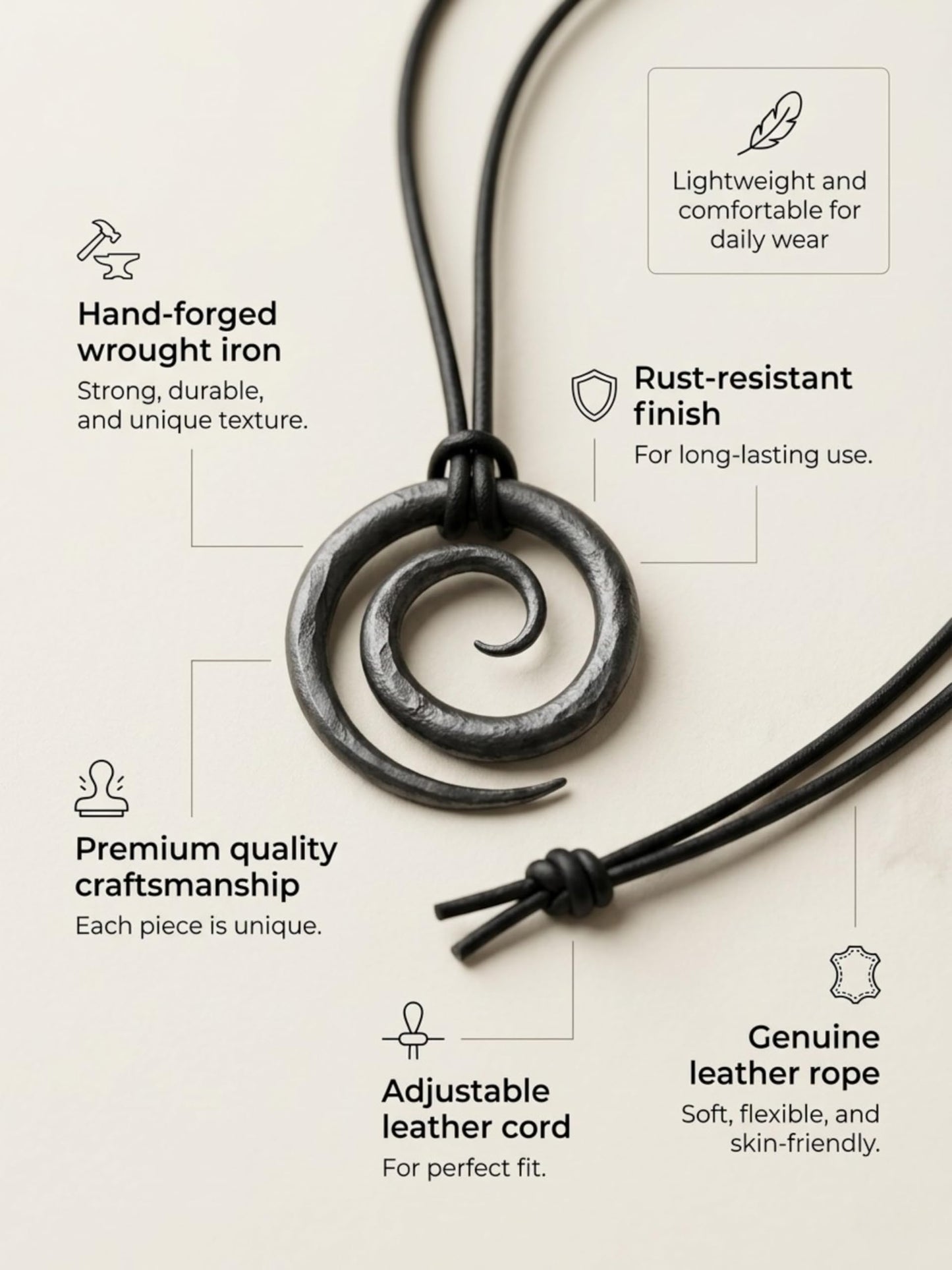 THEREALREYAZ Hand Forged Wrought Iron Celtic Spiral Necklace with Pure Leather Rope | Handmade Rustic Iron Pendant | Adjustable Cord | Unique Artisan Jewelry Gift for Men & Women
