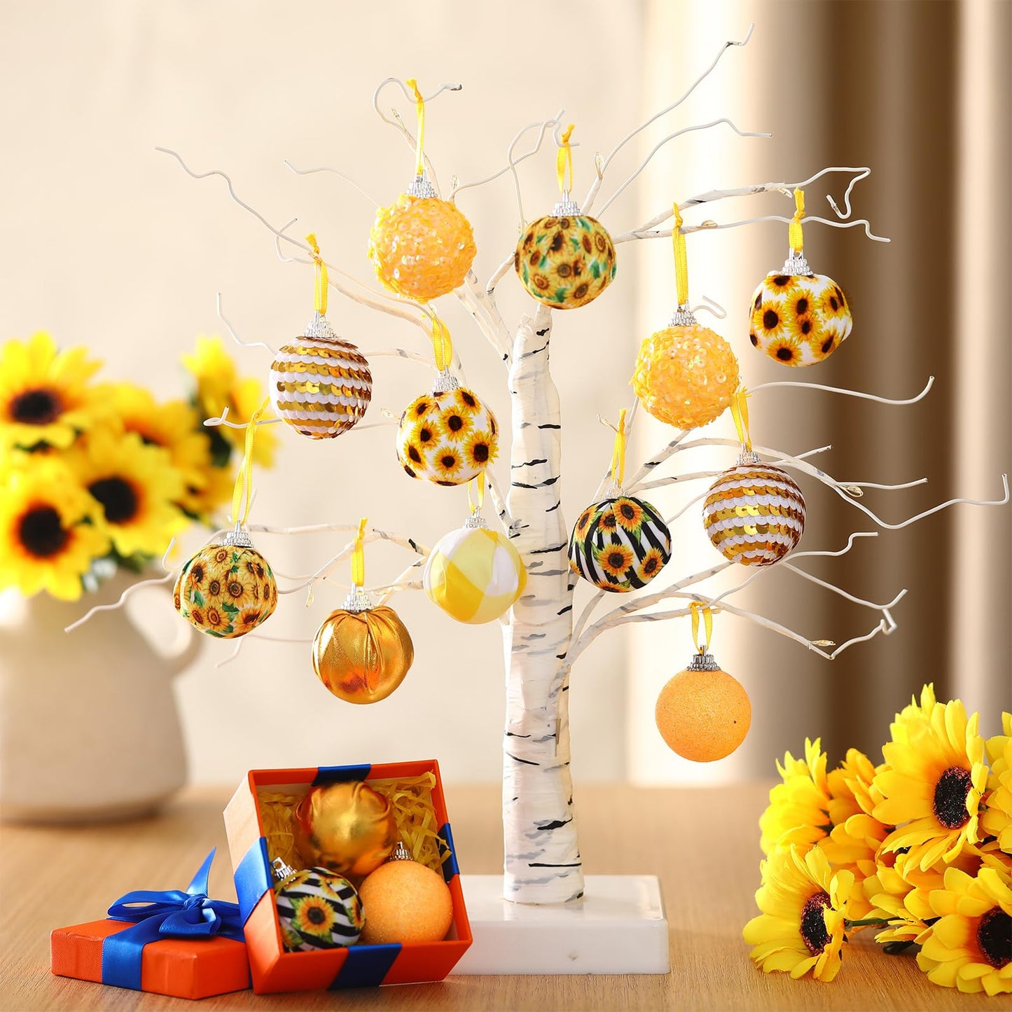 Zeyune 16 Pcs Summer Tree Ornaments Christmas in July Sunflower Hanging Decorations for Small Tree, Yellow Hanging Sequin Ball Ornaments with Ropes, Beach Luau Hawaiian Holiday Party Supplies(Fresh)