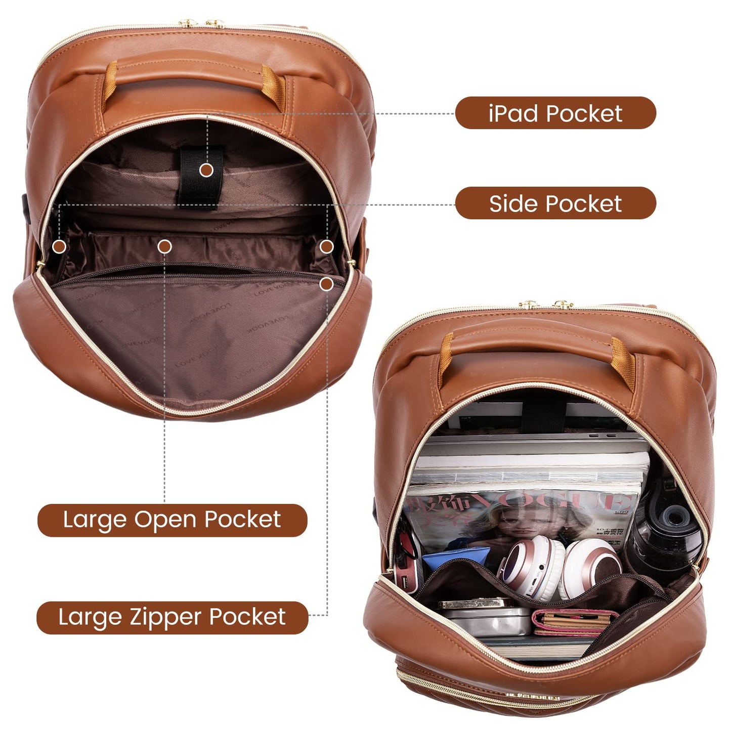 LOVEVOOK Laptop Backpack Purse for Women, Large Capacity Travel Computer Work Bag, Faux PU Leather Quilted Casual Nurse Backpack for Womens, Fit 15.6 Inch Laptop with USB Port, Brown