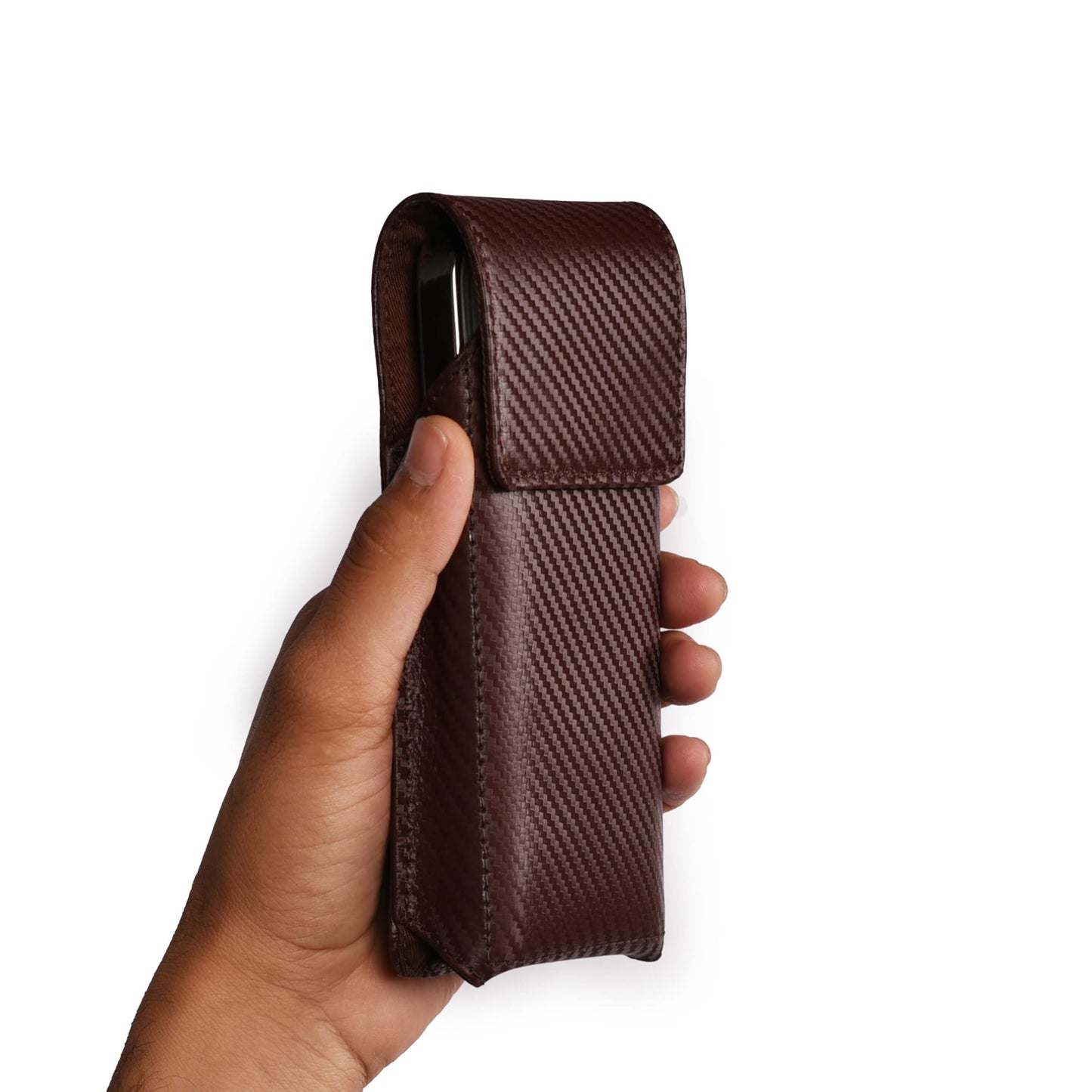 LEATHER VILLAGE Carbon Fiber Genuine Leather Phone Holster with Belt Clip - Compatible with iPhone 16, 16 Pro, 15, 15 Pro, 14, 14 Pro, 13, 13 Pro, 12, 12 Pro, 11, Galaxy S25, S24, S23 - Brown - M
