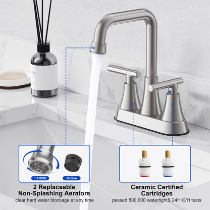 Hurran Brushed Nickel 4 inch Centerset Bathroom Faucet for Sink 2-3 Hole