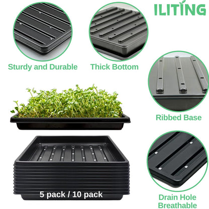 ILITING Plant Growing Trays for Seedlings Microgreen Seed Starter Shallow Plants Tray Standard 1010 Tray with Drain Holes 10 Pack Black 10.7 x 10.7 inches Square Trays