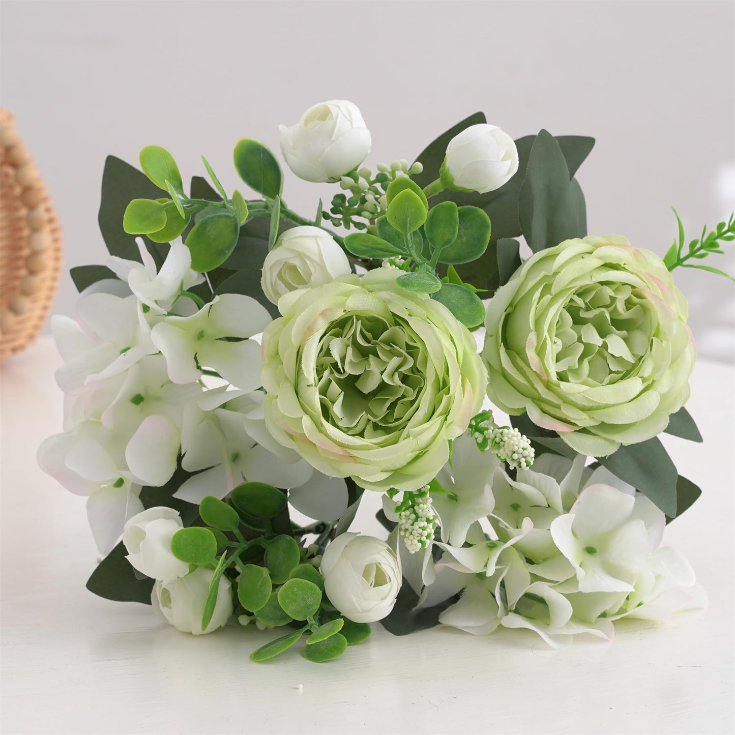karoro 4 Bunches Peonies Artificial Flowers, Silk Peonies Flowers Fake Bouquet Faux Floral Arrangements for Centerpiece Table Wedding Party Home Decor (4, Green White)