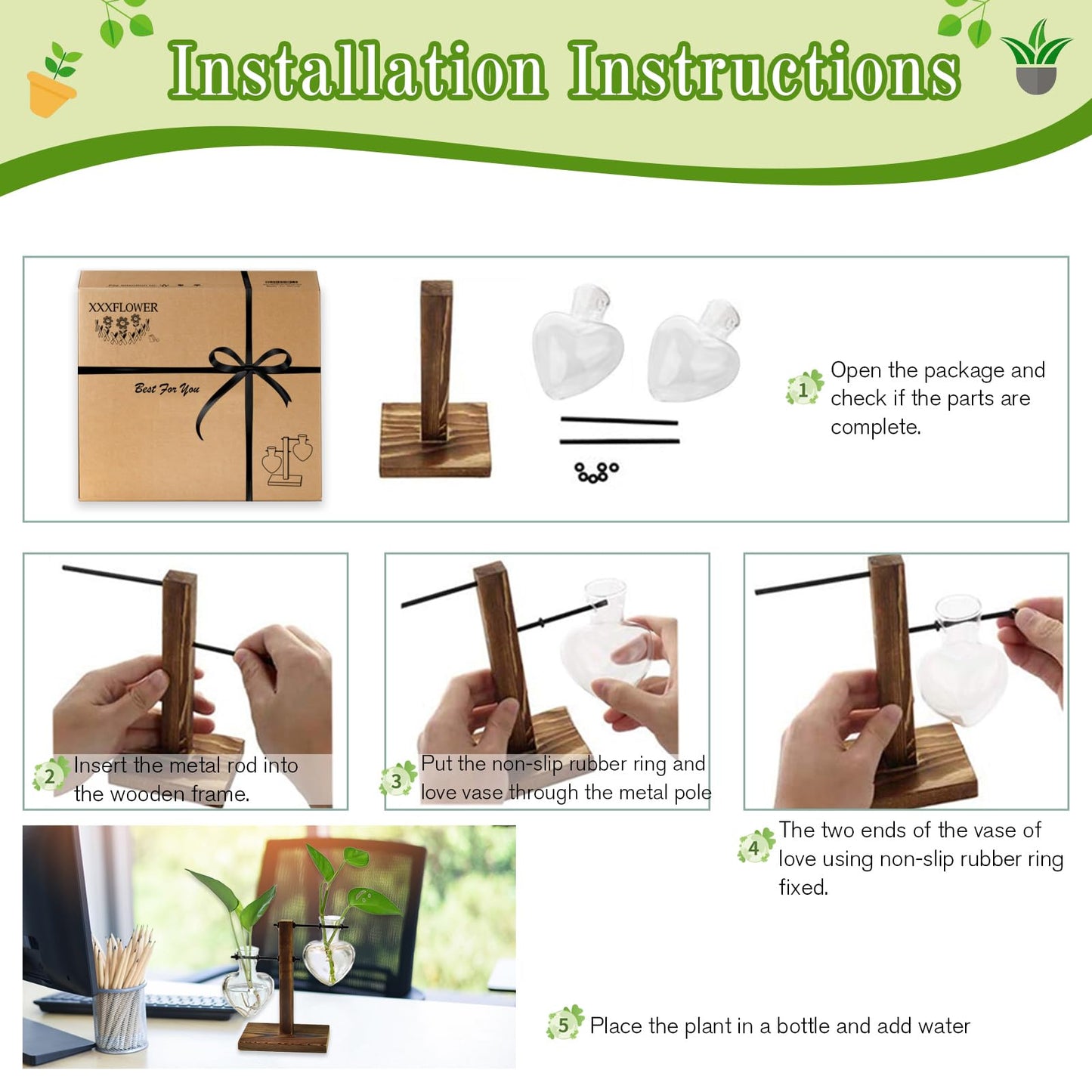 XXXFLOWER Plant Terrarium Wooden Stand, Hydroponic Planter Bulb Glass Metal Swivel Holder Retro Air Plants Water Plants for Home Office Decoration,Gifts for Plant Lover Wife Mom- 2 Love Bulb Vase
