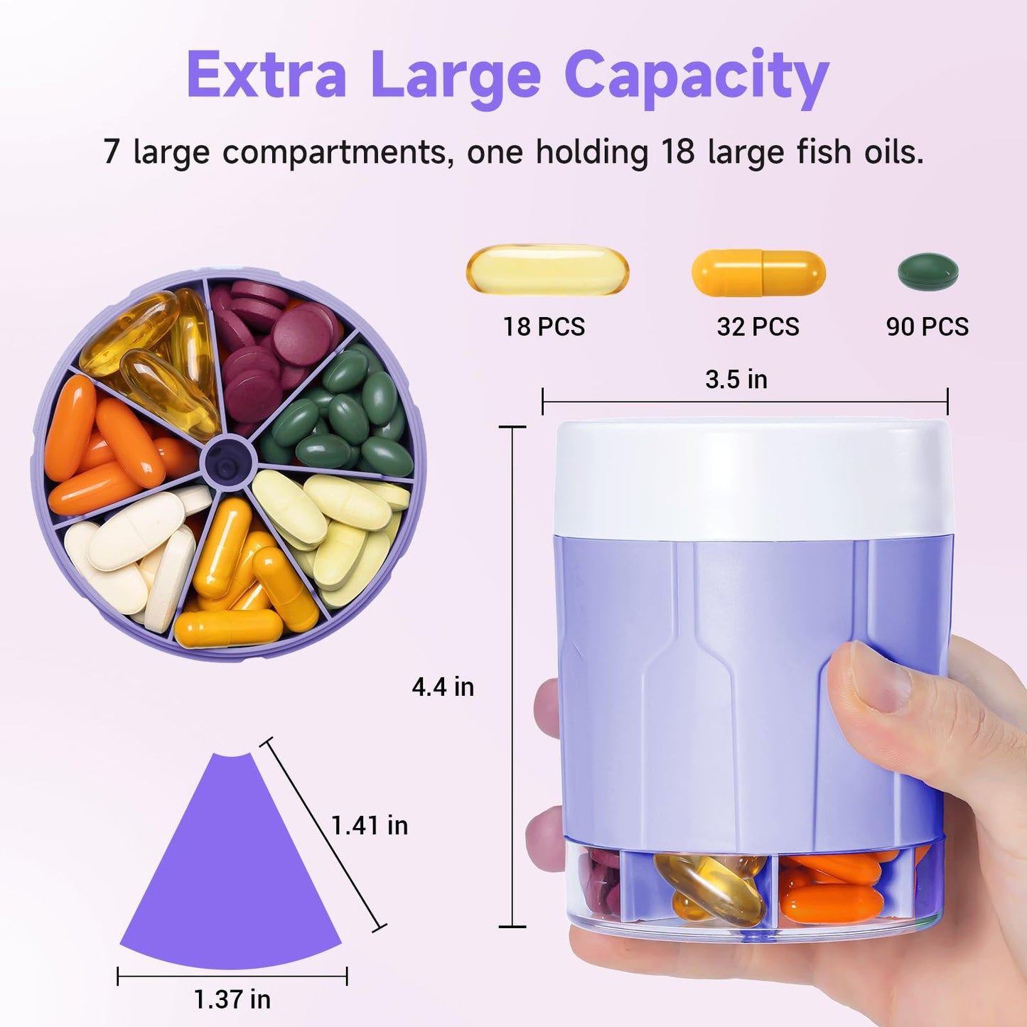 Daviky Pill Bottle Organizer, Supplement Organizer with 7 Large Compartments, Travel Pill Dispenser Round Pill Box with Two Lids（Purple）