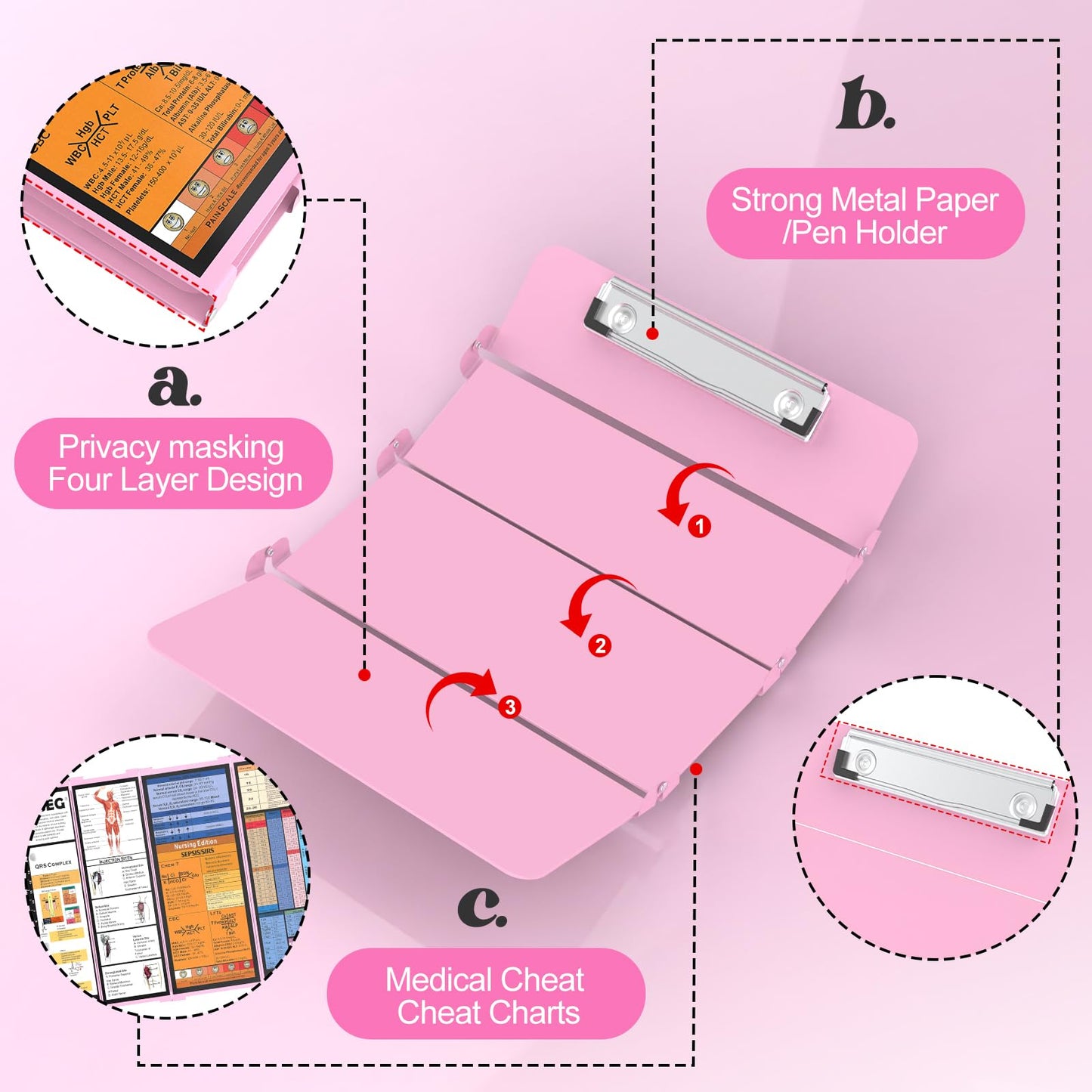 Nursing Clipboard Foldable-4 Layers Aluminum Nurse Foldable Clipboard Nursing Medical Edition Cheat Sheets, Pocket Size Pen Clip for Nurses Students School and Doctors-Pink