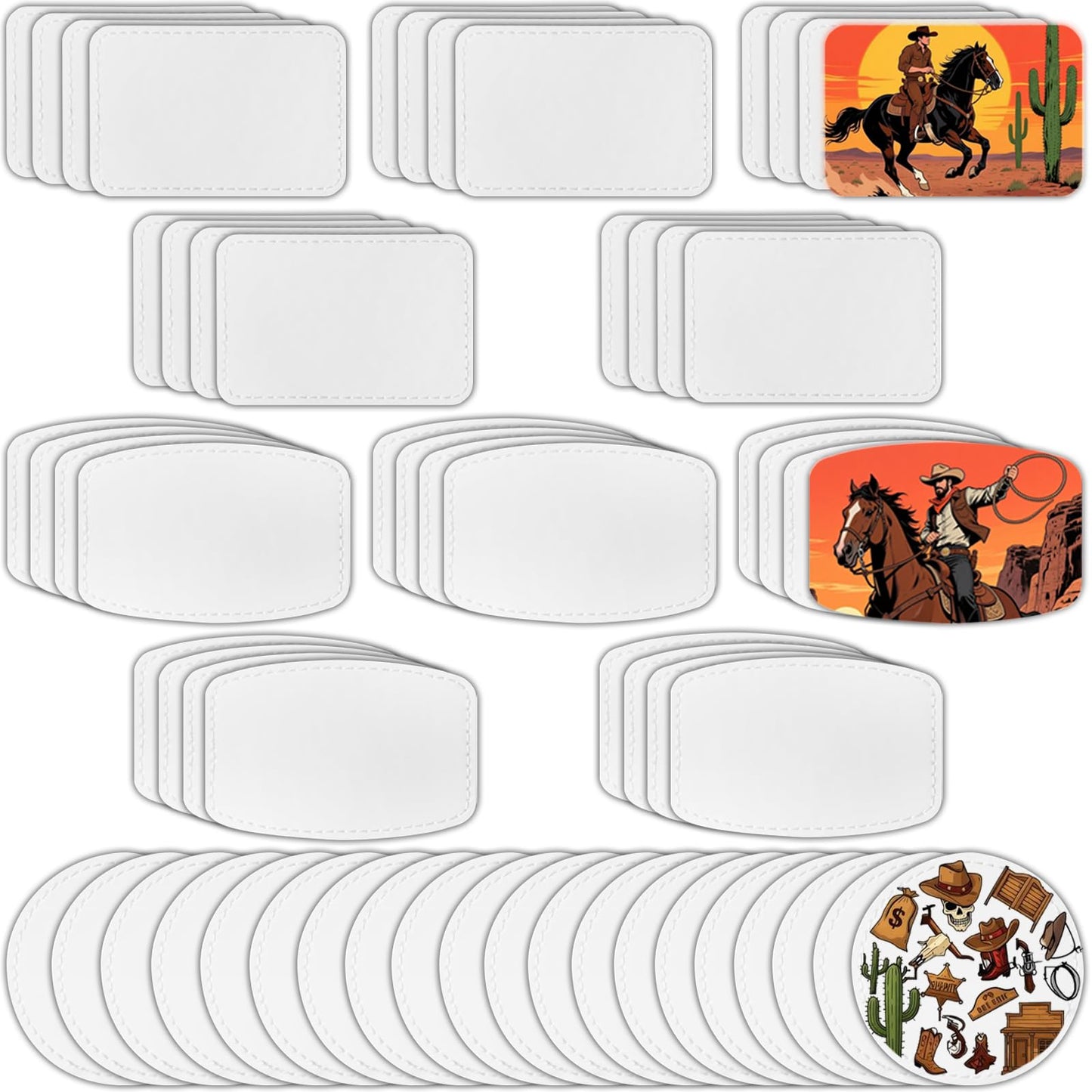 iFForce Full Sublimation Blank Leatherette Patches Without Border - 60 Pcs Waterproof Smooth Glossy PU Iron on Hat Patches - Rectangle Rounded Rectangle Round Patches for DIY Hat & Clothes Business