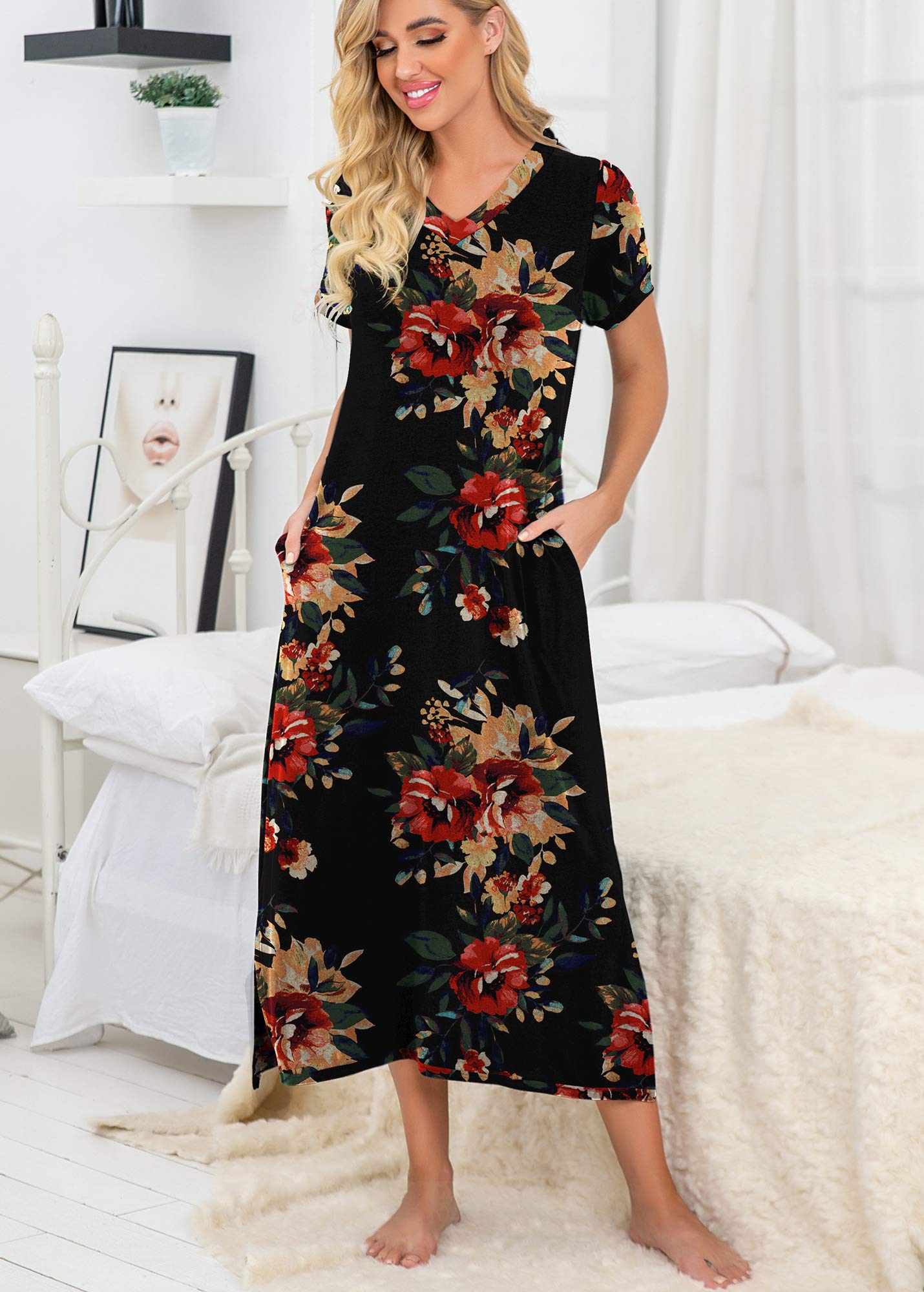 PrinStory Womens Long Nightgown Short Sleeve Nightshirt V-Neck Soft Loungewear Casual Sleepwear With Pockets FP-Brown Black-Medium
