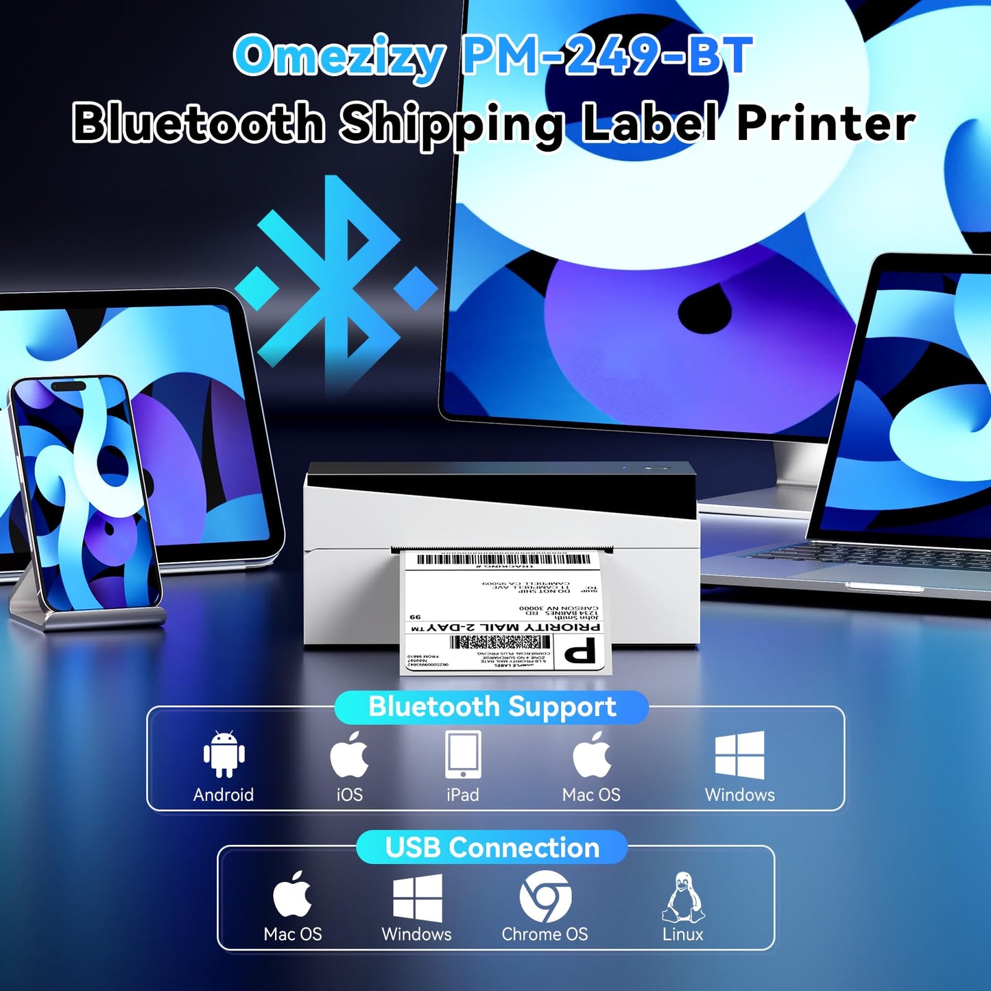 Omezizy Bluetooth Shipping Label Printer 4x6, 249BT Thermal Label Printer for Small Business, Shipping Packages, Office, Home, Compatible with Amazon, Tiktok, Ebay, USPS
