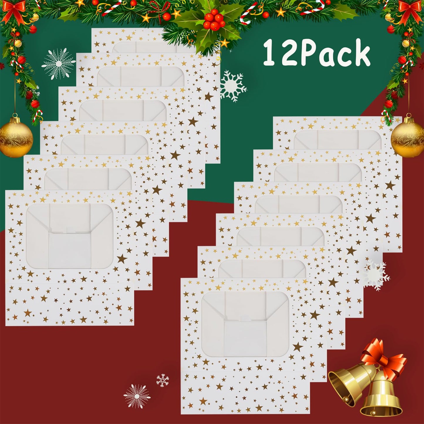 YEKTFS 12pcs Cookie Boxes with Window, 8.25x6x2.75in White Treat Boxes with Window Gold Foil Star Bakery Cake Boxes for Christmas Gift Giving Pastry Dessert Cupcakes Candy Donut Packaging