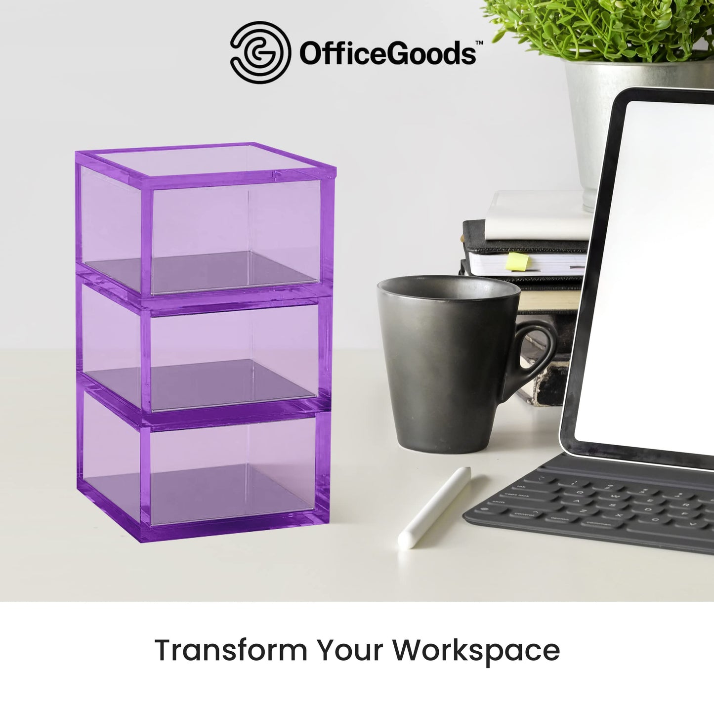 OfficeGoods 3-Tier Stackable Acrylic Holder- Stylish Desk Organizer and Storage for Office or Home – Transparent Square Design, Purple with Silver Metal Base