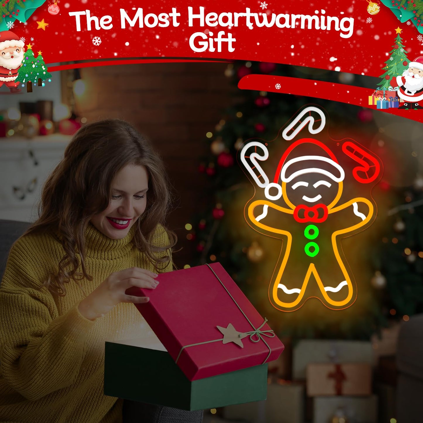 Christmas Neon Sign Gingerbread Man Throwing Candy Cane Neon Light Dimmable Led Gingerbread Wall Decorations Fun Christmas Waving Light Up Sign for Gifts
