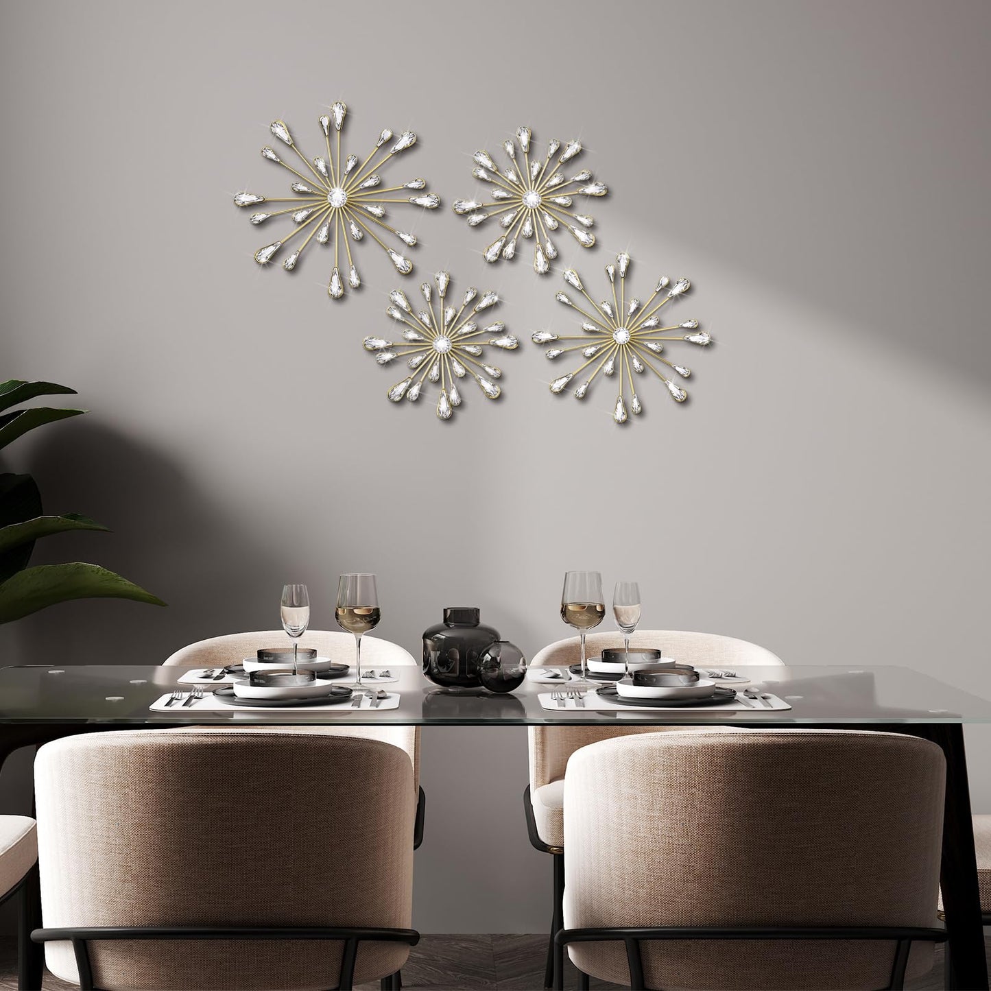 Hicarer 4 Pcs Starburst Wall Decor Bling Wall Art Crystal Teardrop 3D Hanging Rhinestone Radial Metal Artwork Modern Accent Sculptures Decorations for Living Room Home Office Bedroom(Gold)