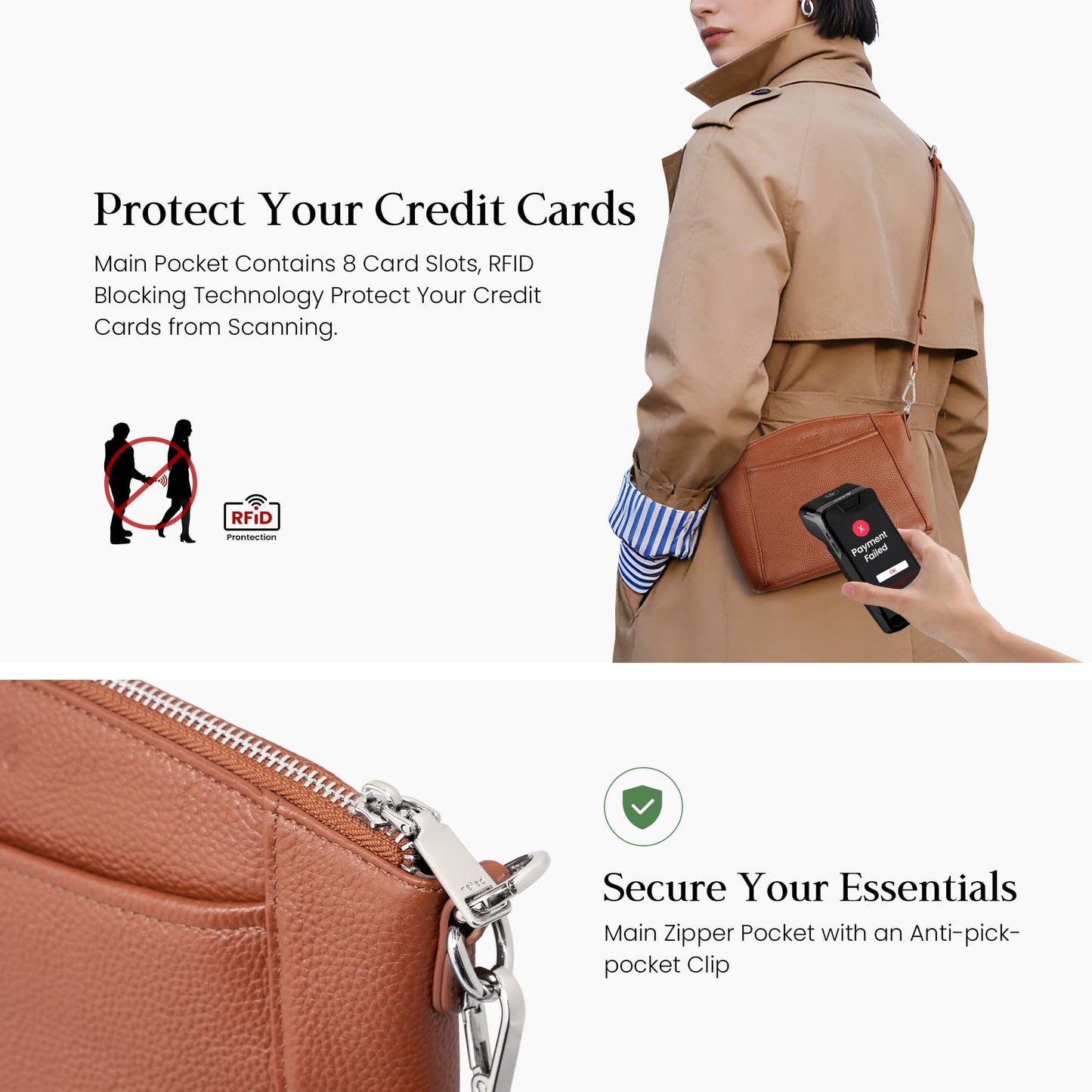 befen Anti Theft Small Crossbody Bags for Women Genuine Leather Purses, Womens Shoulder Bag with RFID Blocking Card Slots for Daily & Travel Cognac Brown