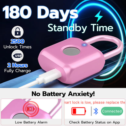 Fingerprint Padlock,Smart Padlock APP Control,Fingerprint Locker Lock,Gym Lock USB Rechargeable for Gym Locker,Locker, School,Storage Pink