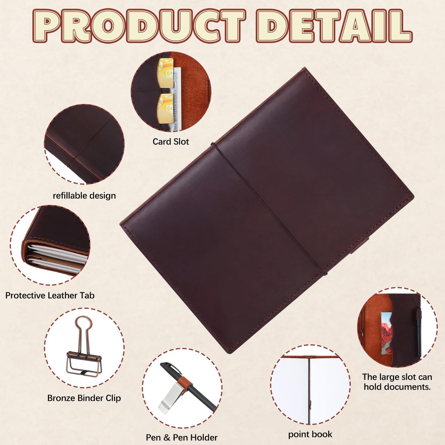 Eaasty Leather A5 Travelers Journal Notebook Cover with Inner Pockets, Card Slots and Pen Holder, Travelers Journal Inserts, PVC Folder, Binder Clip and Elastic Bands for Women Men (Brown)