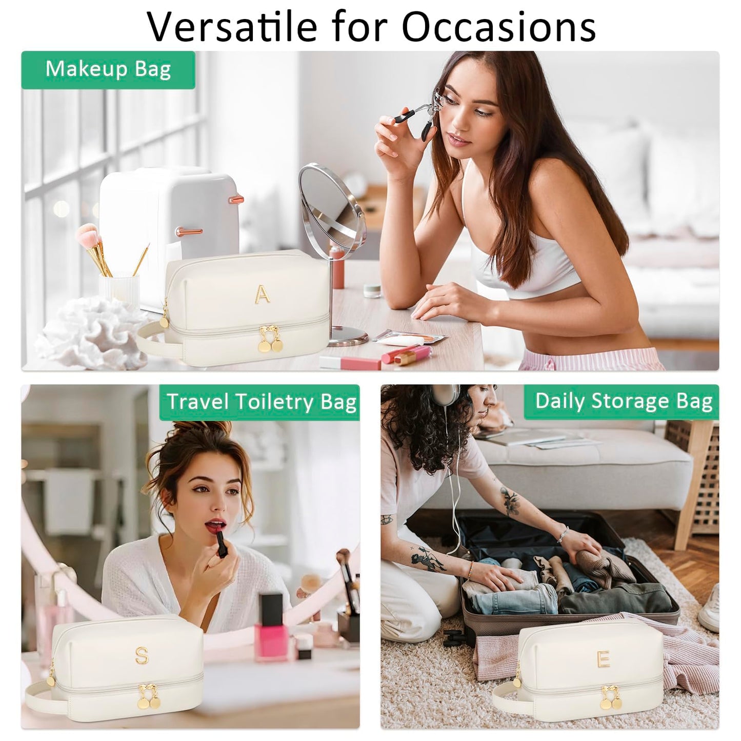 CLOUDWINGS Initial Makeup Bag for Women - Personalized Double Layer Cosmetic Bags with Makeup Brush Organizer, Hanging Travel Toiletry Bag with Large Capacity, Gifts for Mom Girlfriend Wife（Beige A）