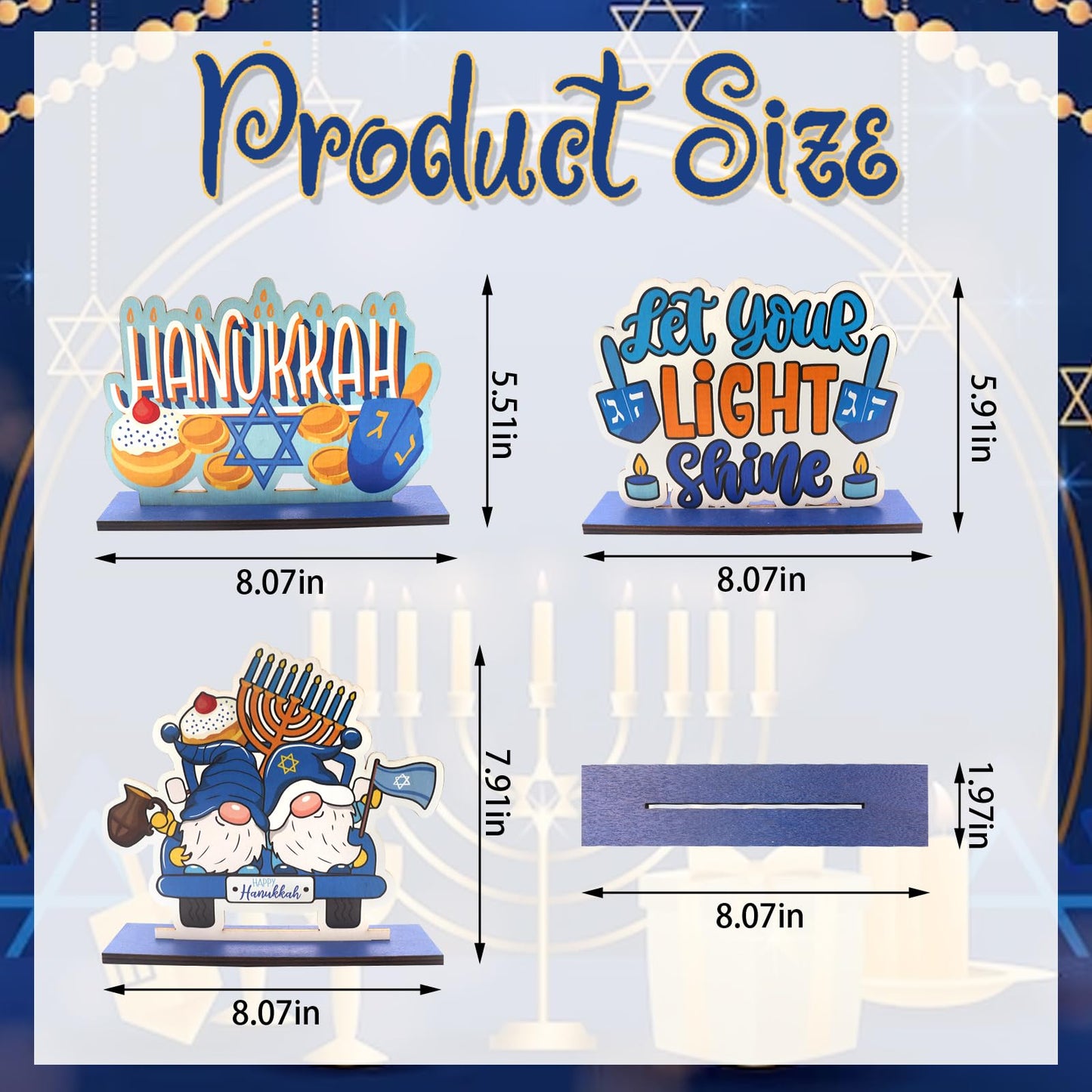 Estivaux 3 PCS Happy Hanukkah Table Centerpieces Chanukah Menorah Table Topper Decor Star of David Wooden Signs Jewish Festival Gnomes Wooden Centerpieces for Table Home Hanukkah Decorations