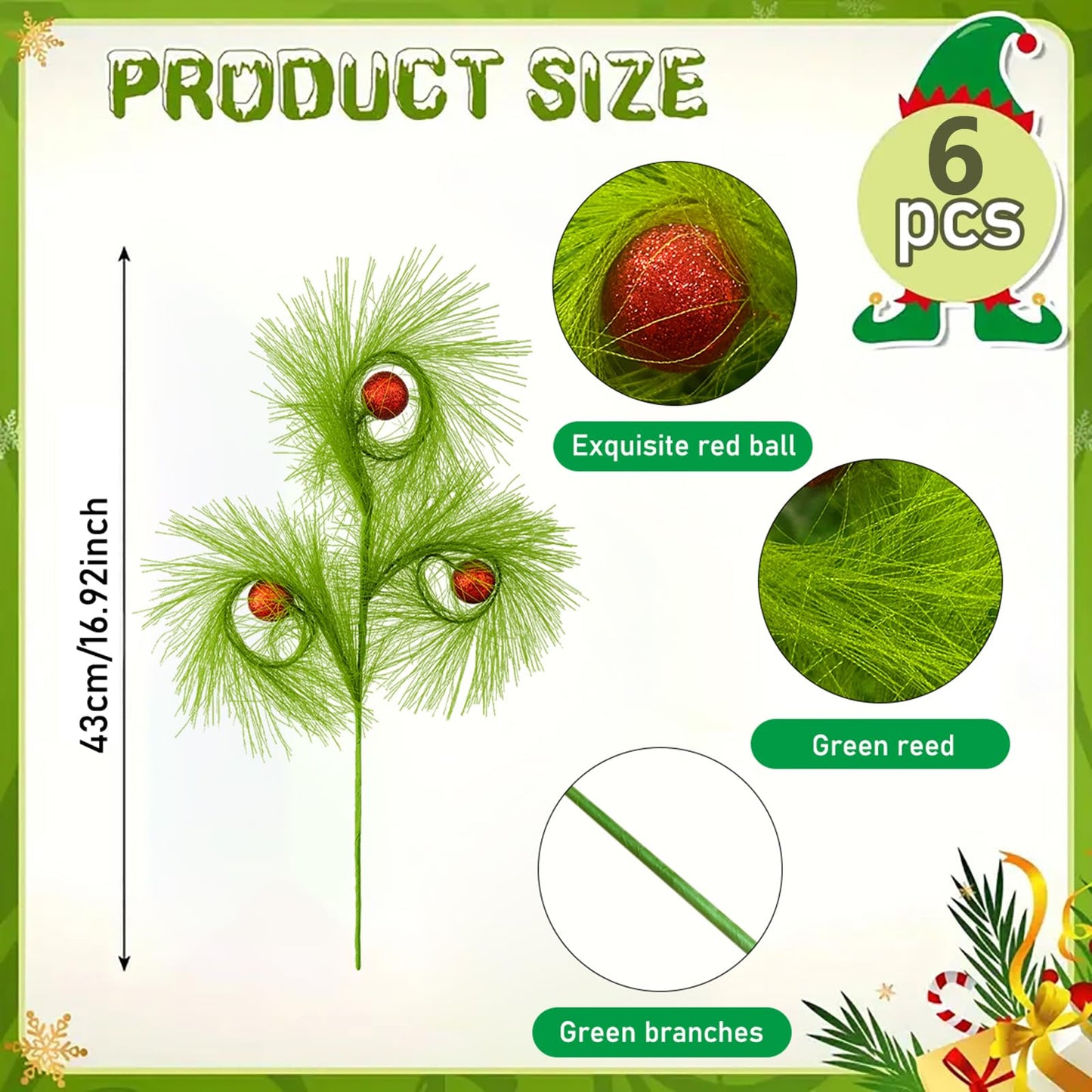 6 PCS 17" Christmas Tree Topper Christmas Floral Picks with 3 Red Ball,Xmas Artificial Flowers Wreath Green Stems,DIY Xmas Ornaments Crafts Winter Christmas Decorations Gift Wrapping