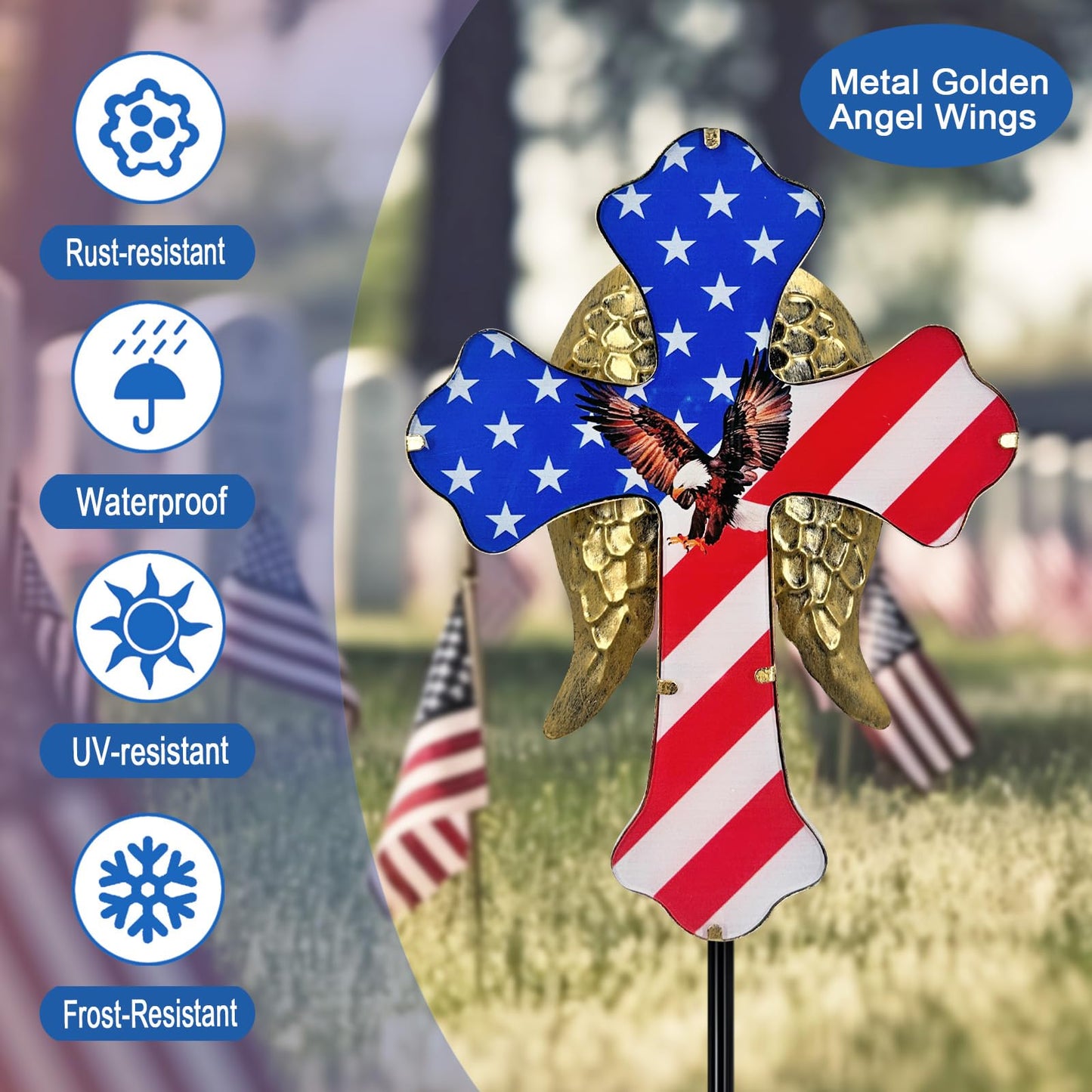 Hokfirm 4th of July Decorations Outdoor,Solar Cross for Cemetery Grave,Cemetery Decorations Yard Patio Decor,Patriotic Eagle Cross Solar Lights Outdoor Pathway,Lawn,National Day Remembrance Gifts