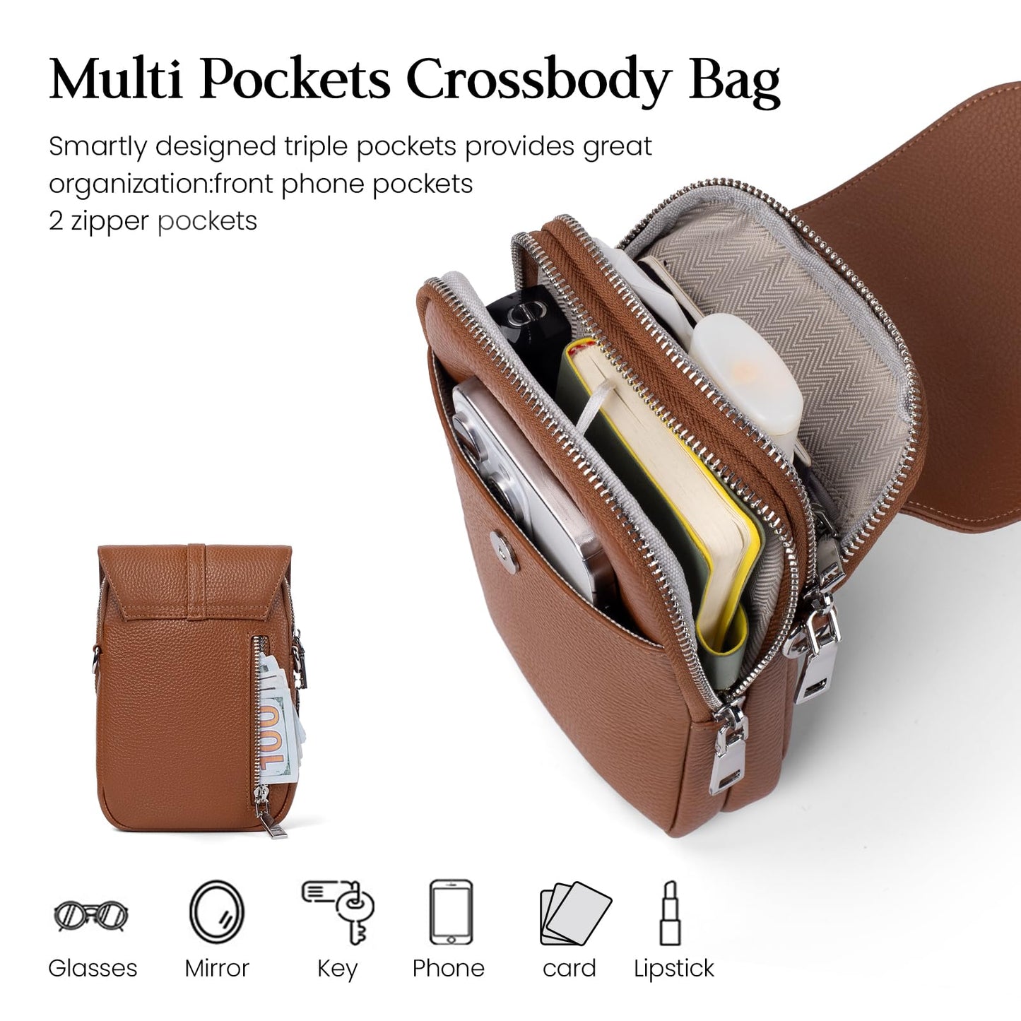 befen Genuine Leather Crossbody Bags for Women, Small Leather Shoulder Purse for Women with RFID Blocking Card Slots, Trendy Brown Cell Phone Wallet Purses for Travel and Daily Use, Cognac Brown