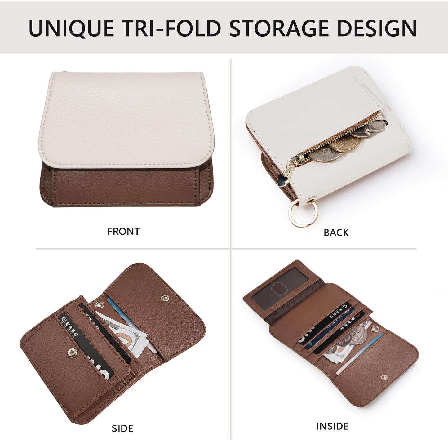 Sunpour Keychain Wallet RFID Wristlet Wallets for Women,Small Wallets Woman Key Chain Wallet with Coin Pocket and Id Window (Beige＆Brown)