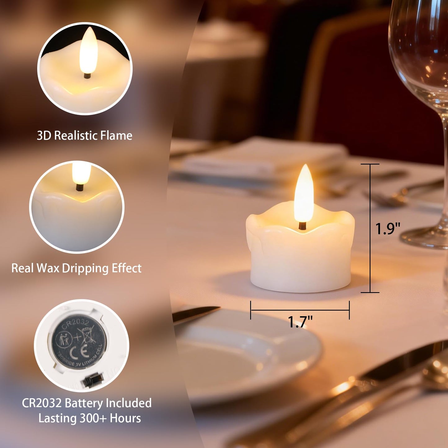 Wondise Real Wax Flameless Tealights with 6H Timer, 6pcs Batteries Operated Tea Lights, Realistic 3D Flickering Flame LED Tea Votive Candles for Home Halloween Christmas Decoration