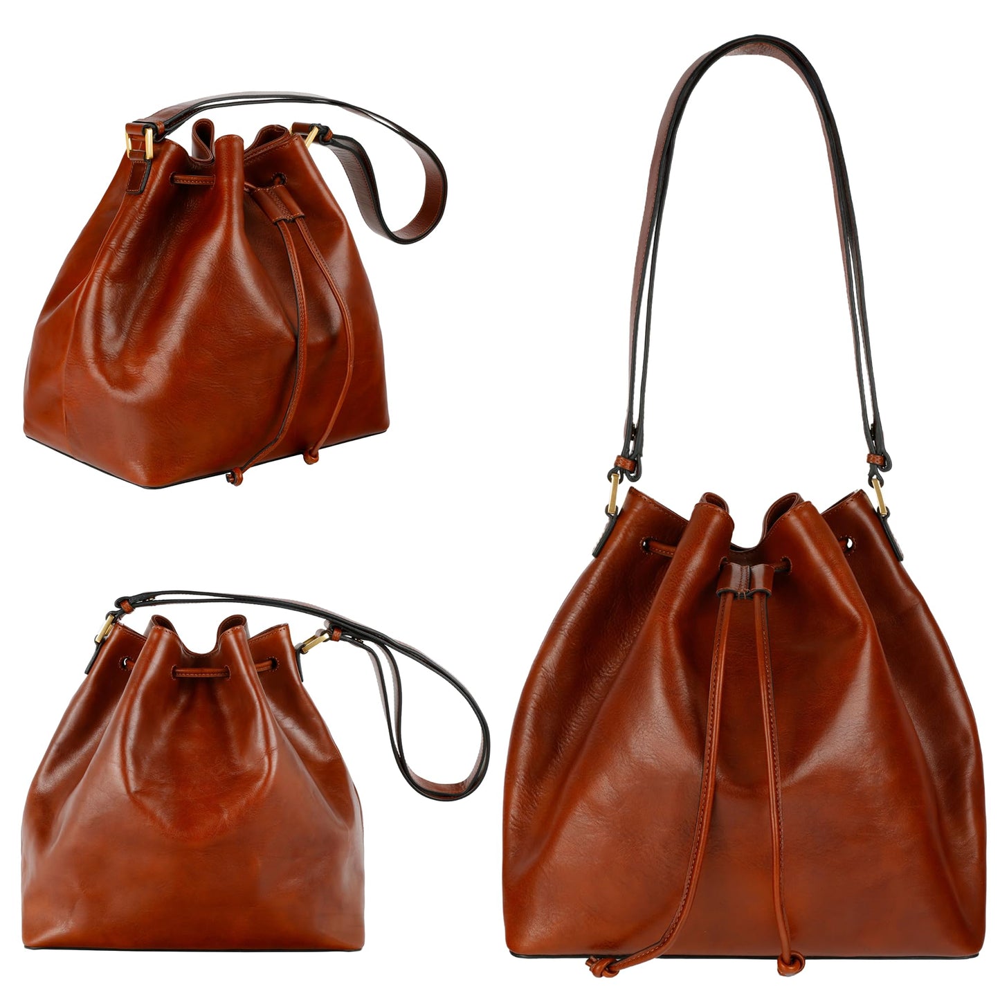 Time Resistance Leather Bucket Bag - Full-Grain Leather Handbag for Women - Italian Purse Shoulder Bag (Cognac Brown)