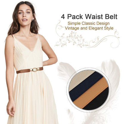 WERFORU Women Skinny Belt for Dresses Retro Stretch Waist Belt with Gold Buckle Set of 4,Black+Brown+Blue+Beige