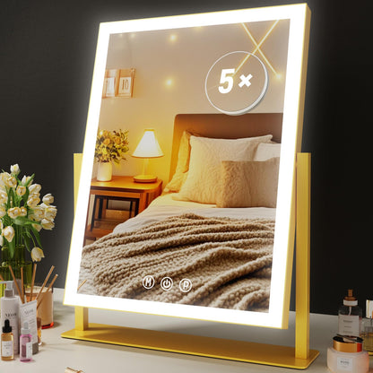Lighted Makeup Mirror, 17.2"x13.6" Hollywood Vanity Mirror with Lights, Three Color Modes, Smart Touch Control, 360°Rotation,with 5X Magnifying Glass