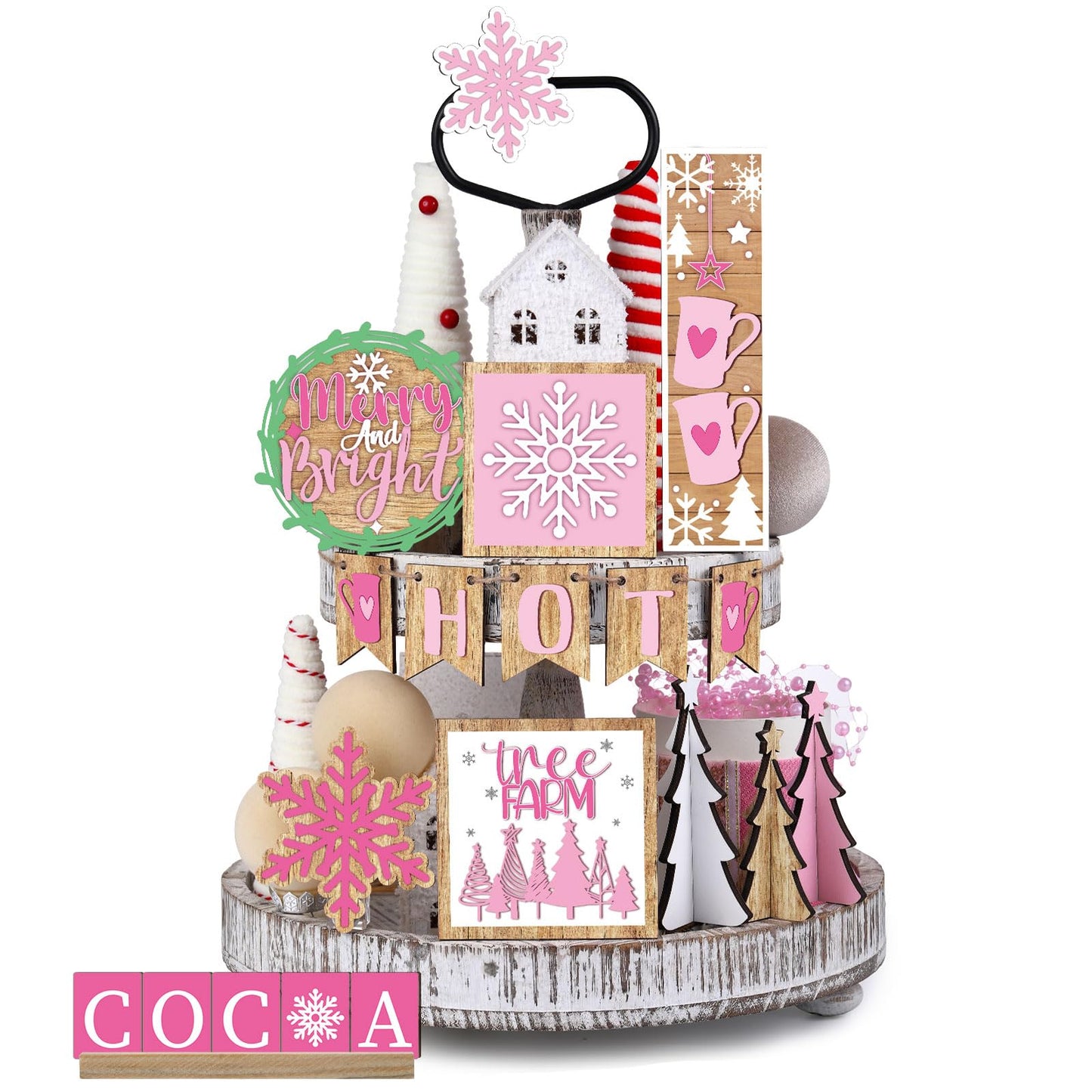 GlikCeil 19 Pcs Pink Christmas Tiered Tray Decor Winter Hot Cocoa Wooden Sign Snowflakes Coffee Table Decoration Rustic Farmhouse Winter Signs for Home Decor Tabletop Shelf Centerpieces