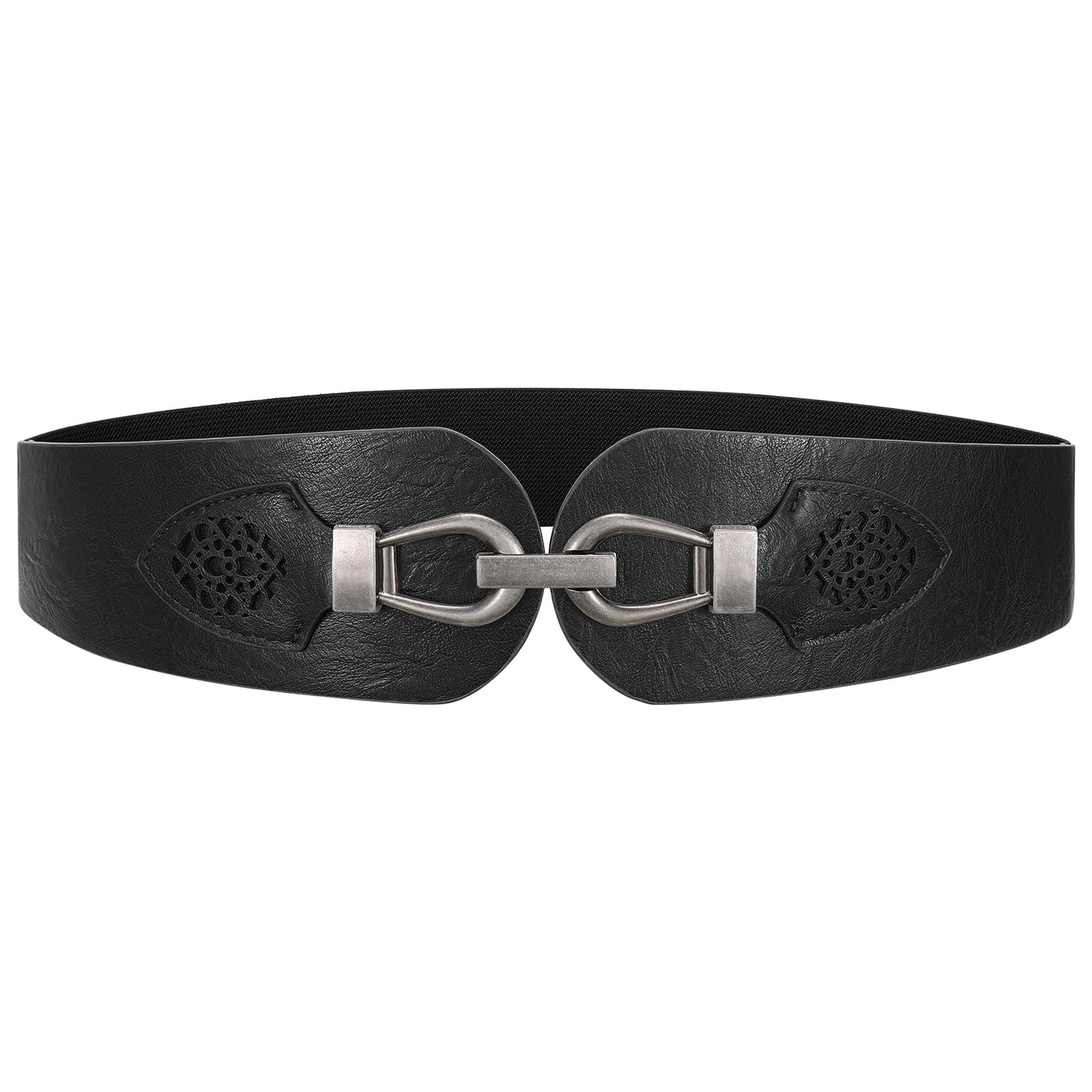 Womens Western Wide Waist Belt for Dress Vintage Stretchy Elastic Belt with Chunky Silver Buckle (Black)