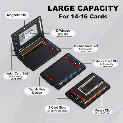Wallet for Men 14-16 Cards, Minimalist Men Leather Wallet, Men's Front Pocket Bifold Wallets with Money Clip, Slim Thin Card Holder RFID Blocking Bill Folder & Magnetic Closure, Gifts for Men, Black