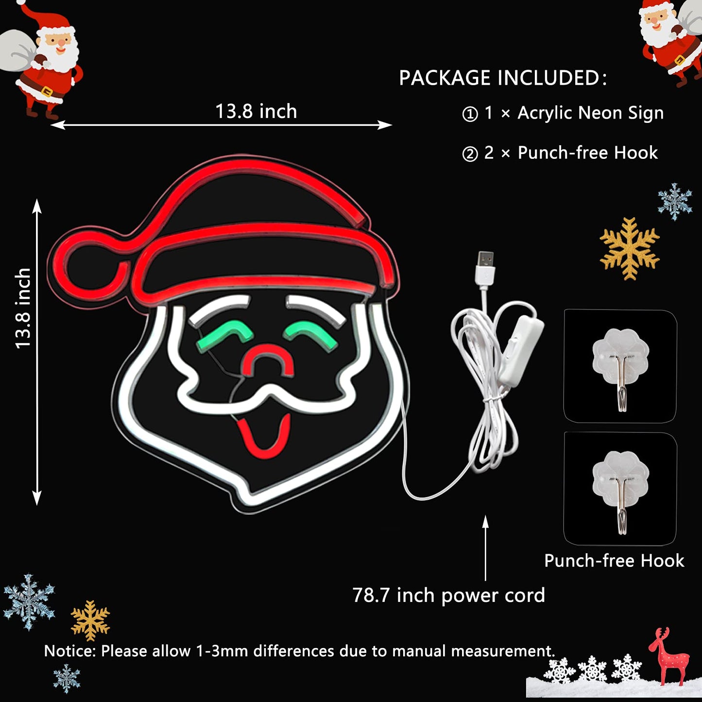 Santa Claus Neon Sign, Christmas LED Neon Signs for Wall Decor,Christmas Acrylic Neon Light Signs with USB/Swicth for Bedroom Teen Girl Kid Party