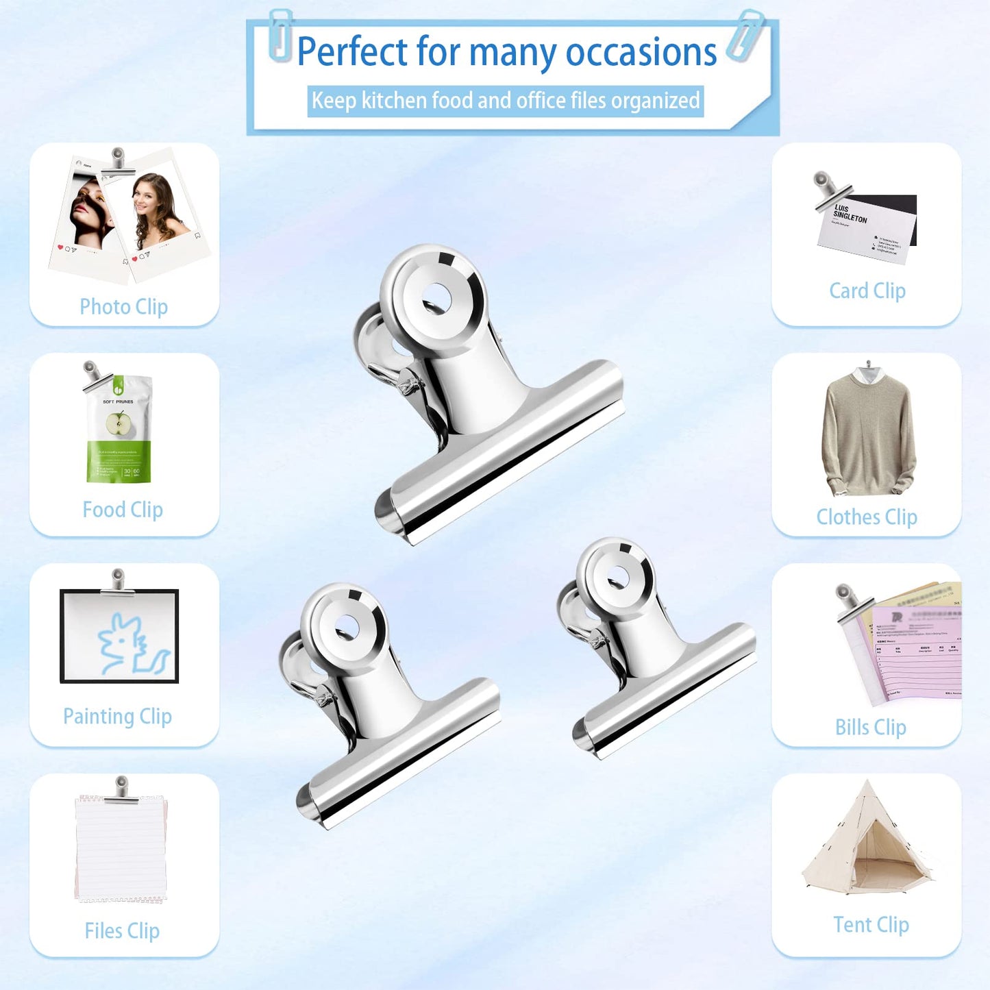 24 Pack Large Metal Hinge Clips,3 Sizes Bulldog Clips,Large Bull Clips,Stainless Steel Chip Clips Bag Clips Food Clips,Binder Paper Clip Clamp for Food Bag,Pictures,Photos,Home Kitchen Office Supplies