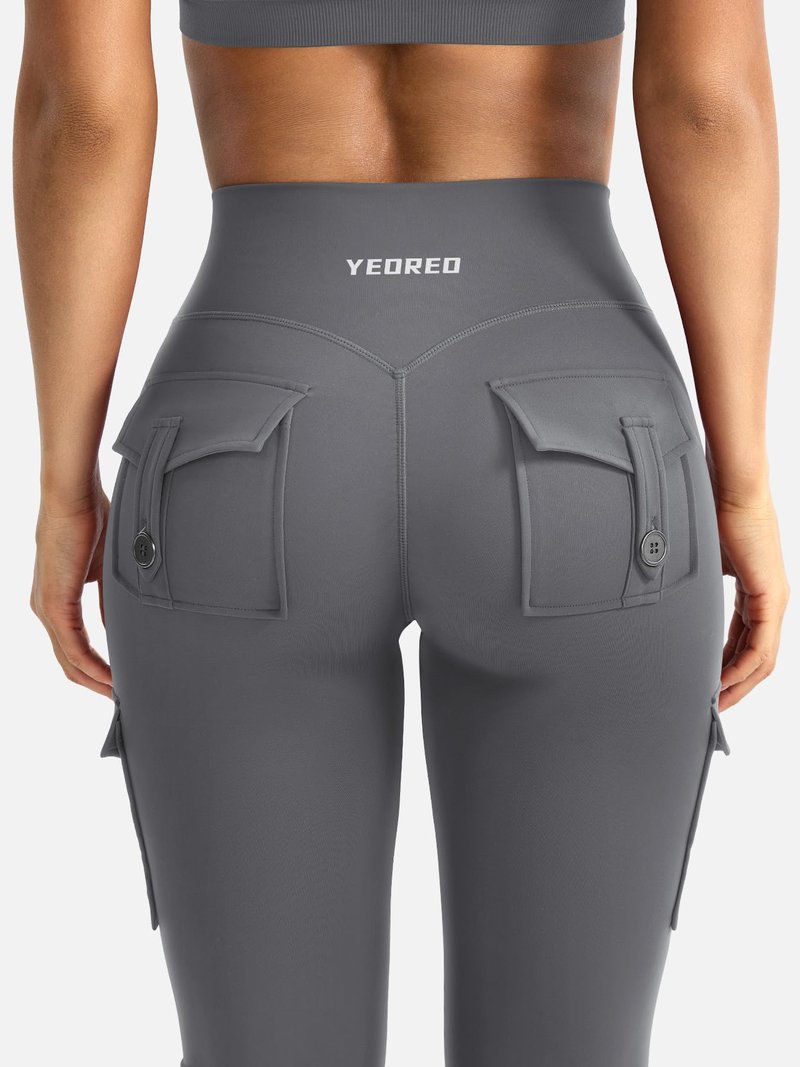 YEOREO CoreFlex Women Workout Flare Leggings with Pockets Hidden Scrunch High Waisted Cargo Gym Yoga No Front Seam Leggings Grey S