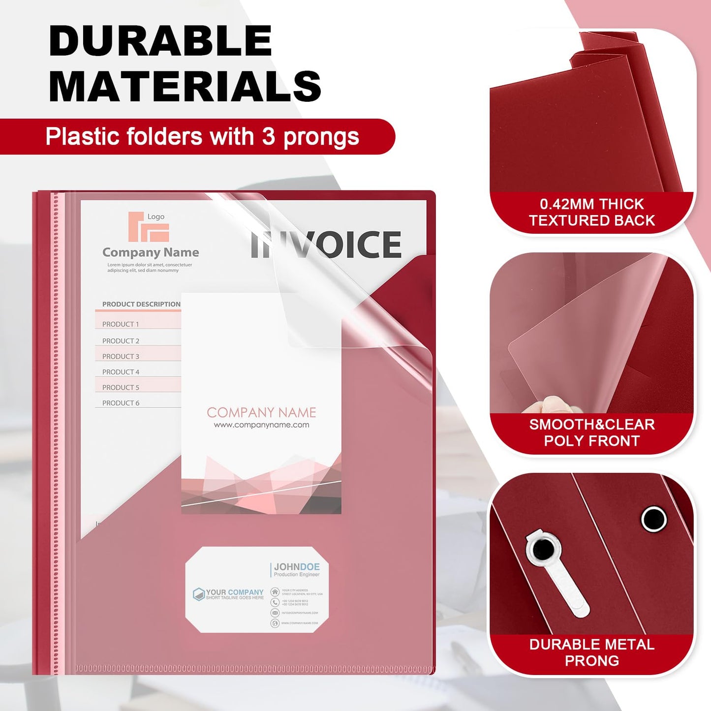 Teling 24 Pcs Clear Front Report Covers with 3 Prongs, Suit for A4/8.5'' x 11'' Letter Size Paper, Plastic Dark Red Presentation Folders Bulk, 90 Sheet Capacity, for School Business