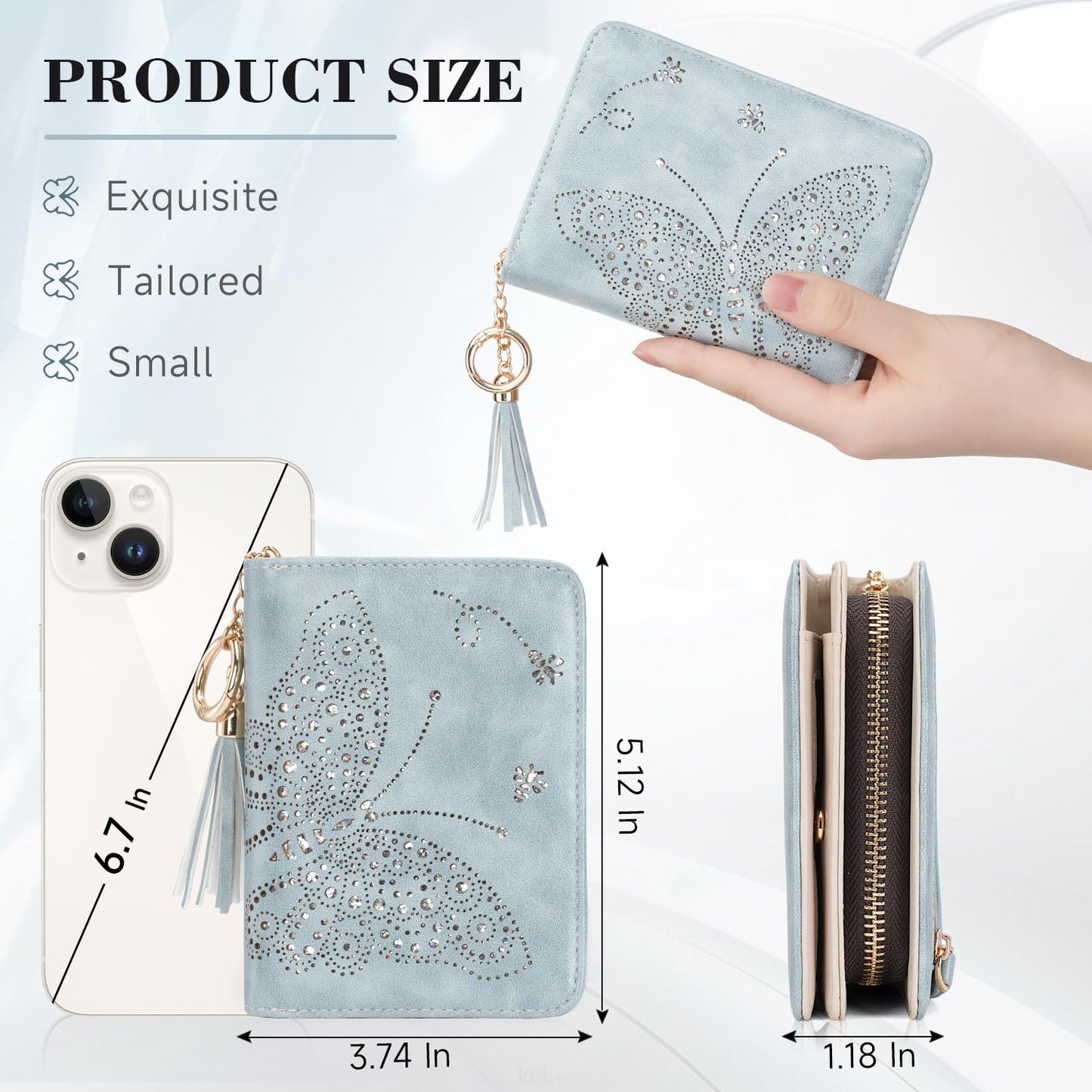 KITEVIUN Women RFID Blocking Small Bifold Wallet, Compact Cash Clutch with Zipper Coin Pocket, Glittery Butterfly Design, Credit Card Holder, Travel Purse with Tassel BLUE